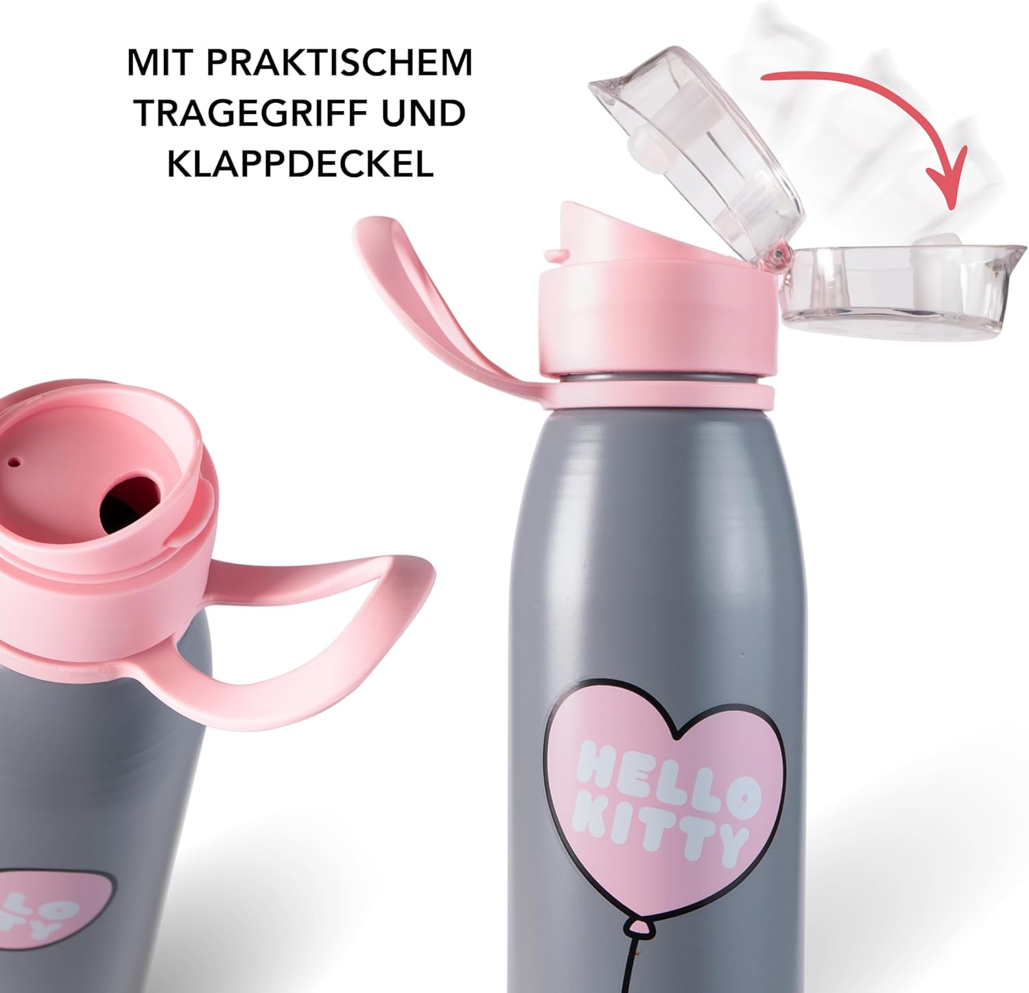 Hello Kitty Stainless Steel Kids Water Bottle, 590 ml, Leak-Proof, with Drinking Opening, Cute Water Bottle for Girls, Ideal for Nursery, School & Trips, Grey/Pink