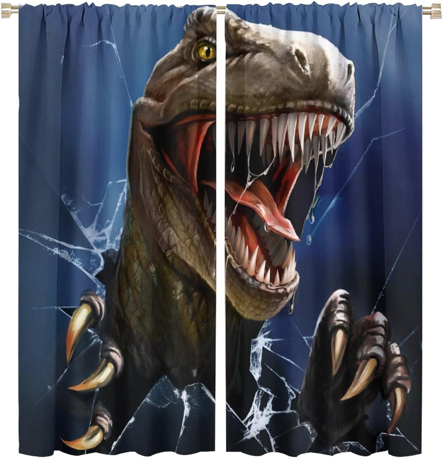 Brebasf Funny Ancient Dinosaur Theme Blackout Rod Pocket Curtains,Cool Tropical Jungle Dinosaur Breaking Through Glass Thermal Insulation Room Darkening Window Drapes 2 Panels 72" L x 31.5" W