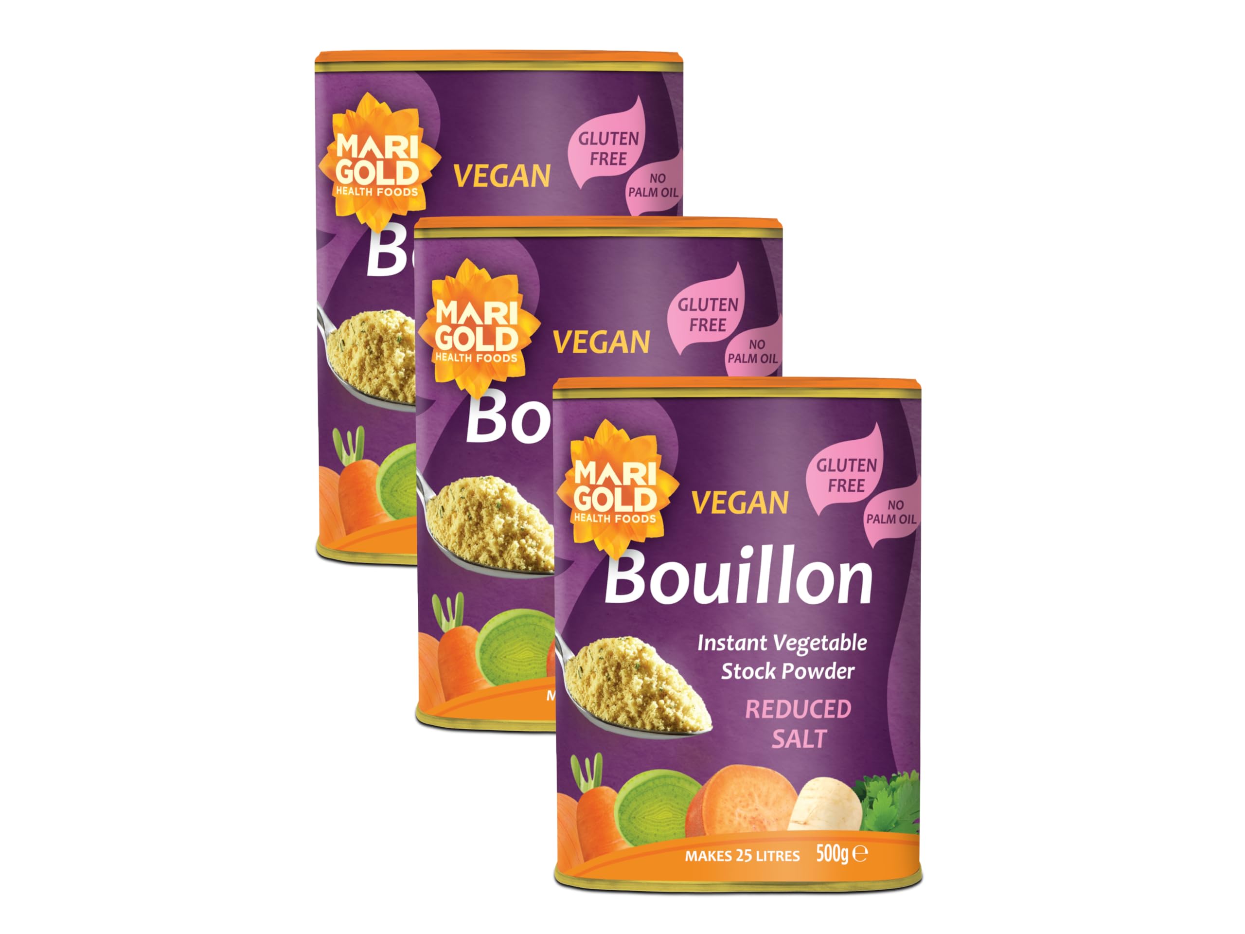 Marigold Reduced Salt Vegetable Bouillon Powder, 500g (Pack of 3) – Instant Vegan Stock Powder, 37% Less Salt, Natural Ingredients, Gluten-Free – Perfect for Soups, Stews & Sauces.