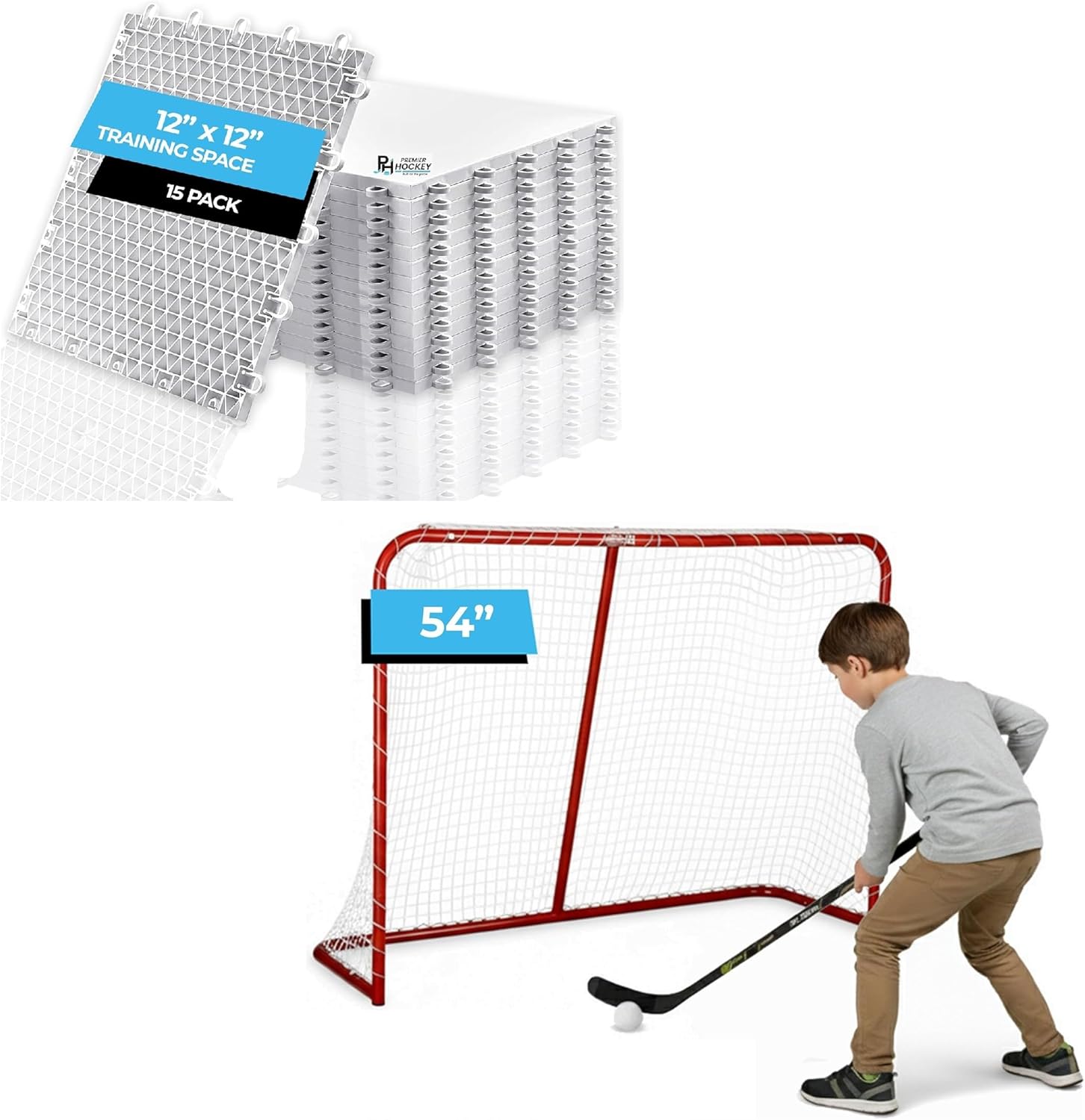 Premier Sports – Bundle Hockey Flooring Tiles for Training - 15 Pack of 12 x 12“ + 54“ Junior Steel Street Hockey Goal
