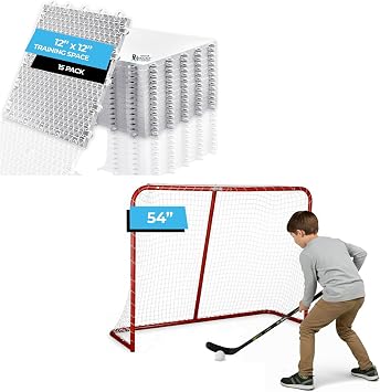 Premier Sports Bundle Hockey Flooring Tiles for Training - 15 Pack of 12 x 12 + 54 Junior Steel Street Hockey Goal