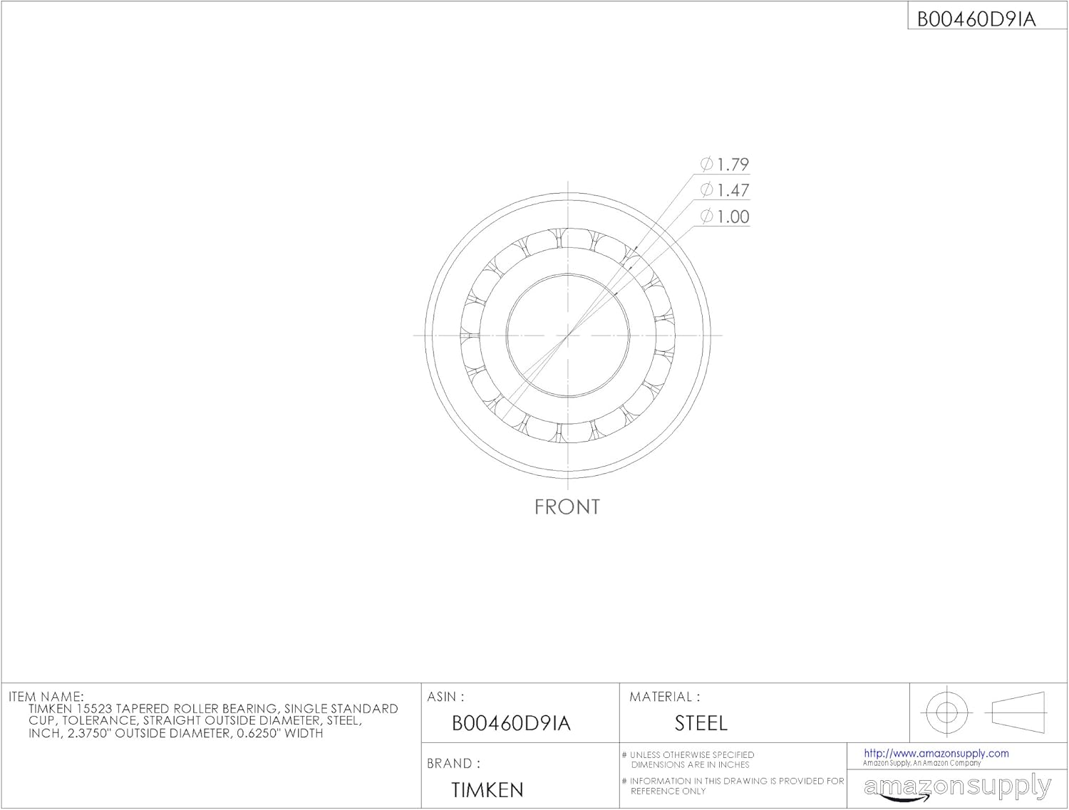 TIMKEN Timken 15523 Tapered Roller Bearing, Single Cup, Standard Tolerance, Straight Outside Diameter, Steel, Inch, 2.3750" Outside Diameter, 0.6250" Width, 0.060" Max Housing Fillet Radius