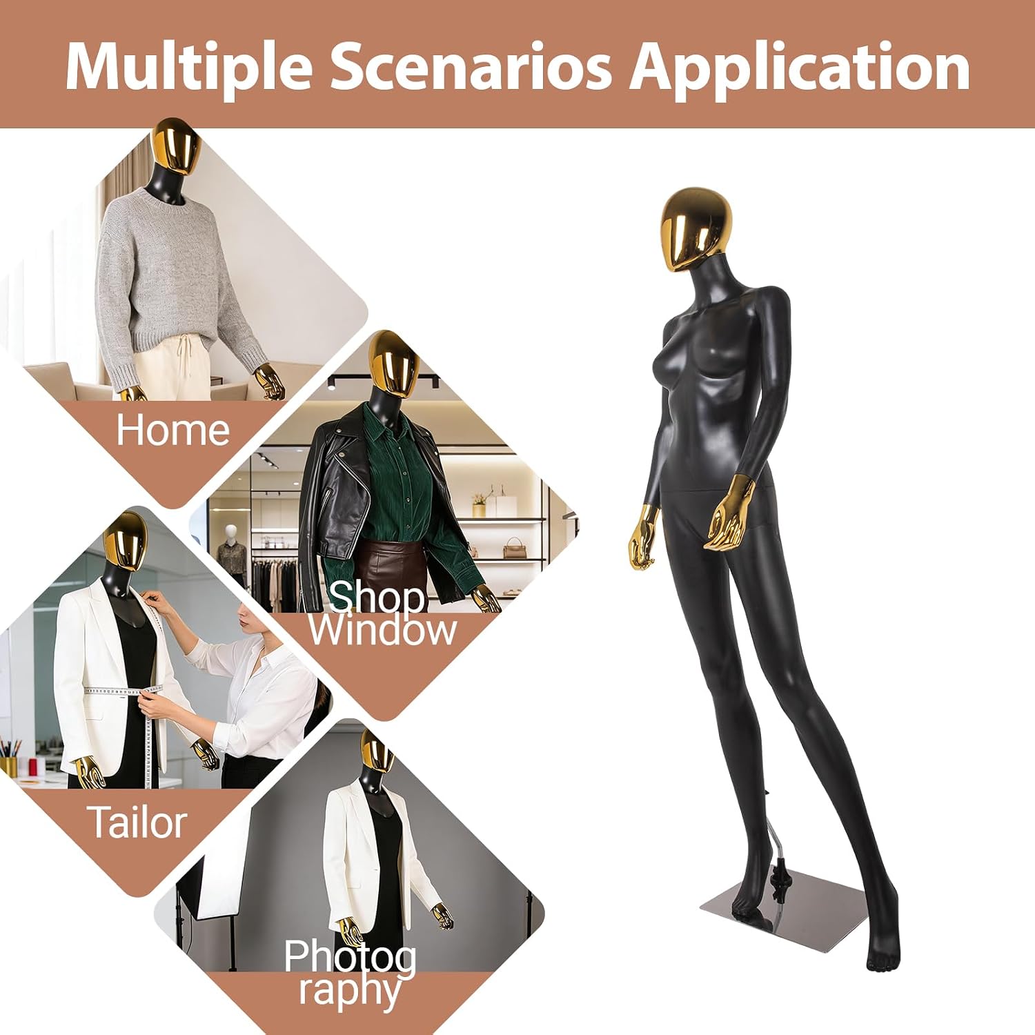 Full Body Female Mannequin Dress Form with Stand, Realistic Adult Women Torso Display for Retail Clothing Store Window, Photography Shoot Props, Halloween Christmas Cosplay Black&Gold