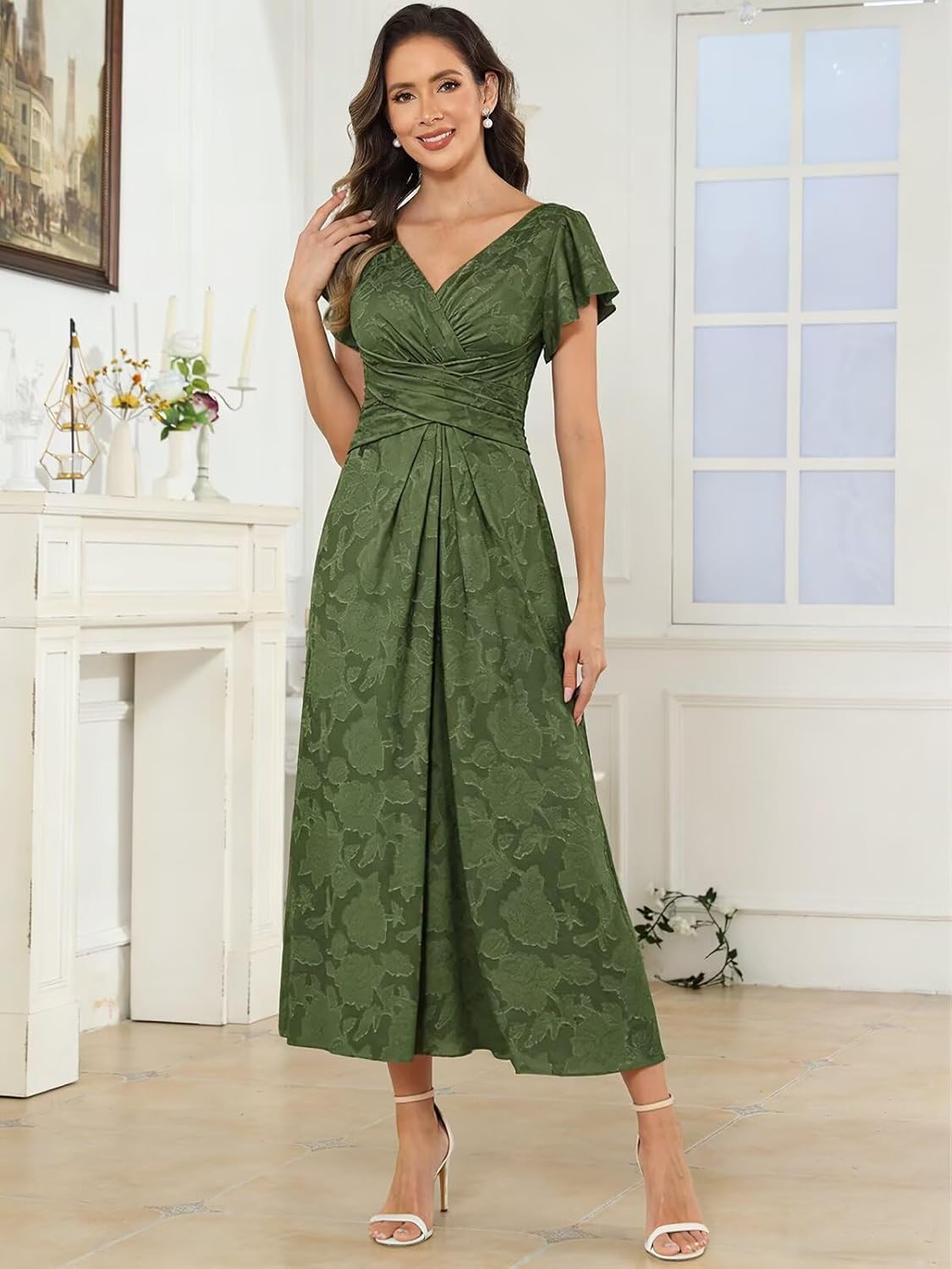 Chiffon Floral Mother of The Bride Dresses Tea Length V Neck Pleated Formal Wedding Guest Dress for Women