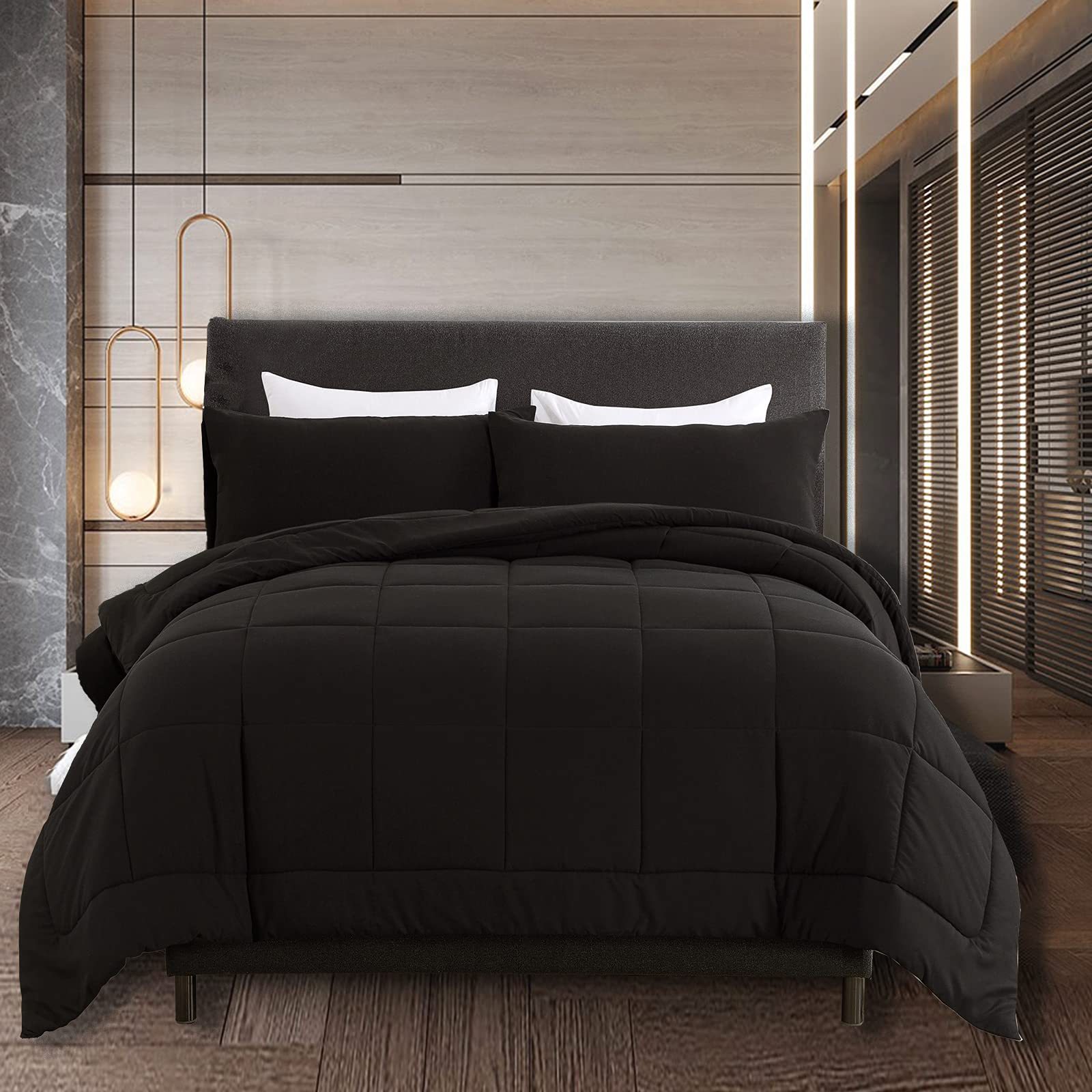 DOWNCOOL Down Alternative Quilted Comforter Blanket-Black Lightweight Duvet Insert or Stand-Alone Comforter with Corner Tabs, Queen 88x92 Inches
