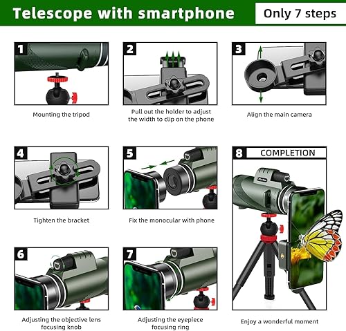 Miniatura 5 de Pankoo Telescopio monocular de 40 x 60 con soporte para teléfono inteligente y trípode monoculares compactos de prisma de potencia 2021 para adultos