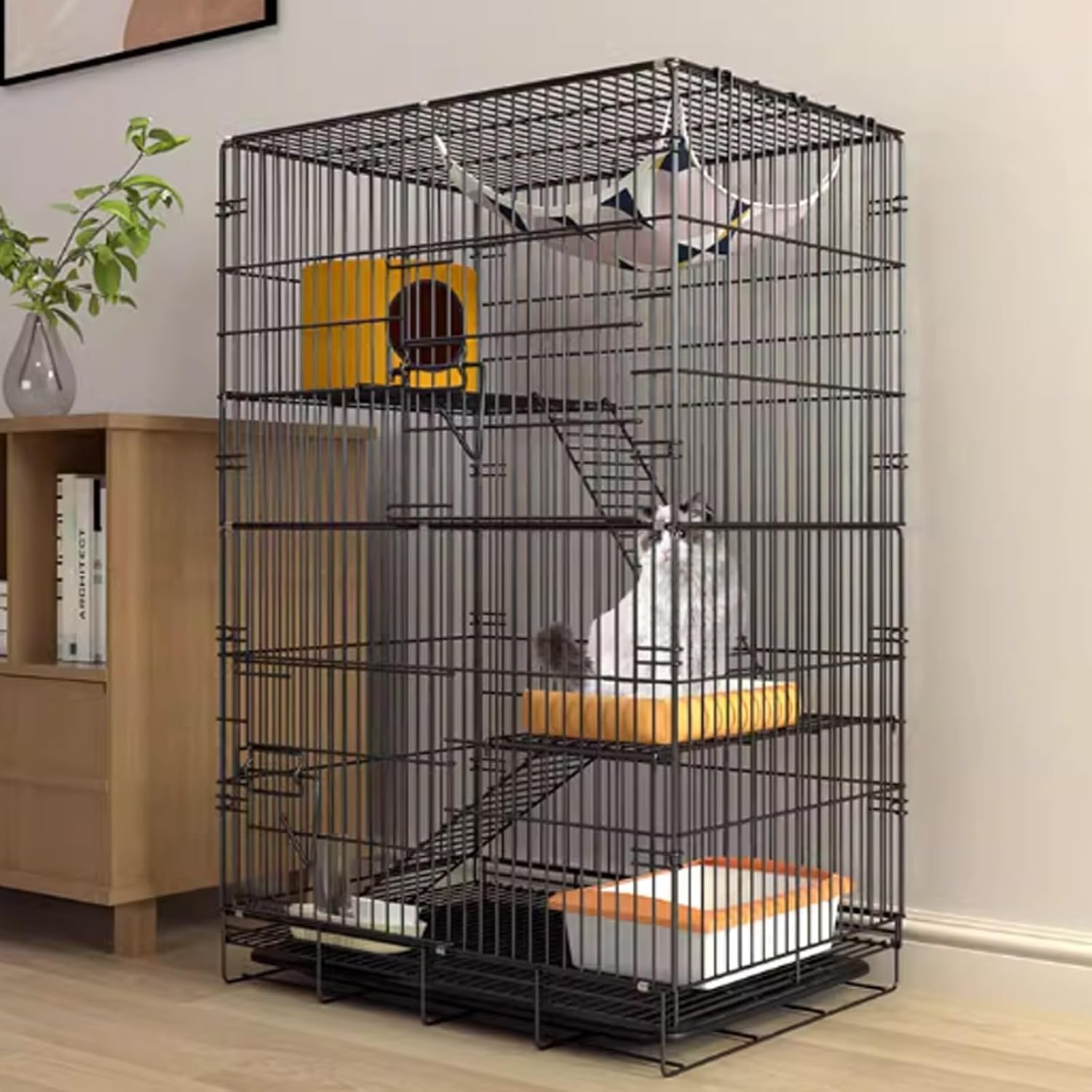 Large Cat Cage Indoor, Cat Enclosure Playpen With Ramp Ladders Perching Shelves, And Slide-Out Tray, Folding Wire Cat Ferret Habitat Crate, Foldable Home For Small Animals (White 68*50*105Cm)