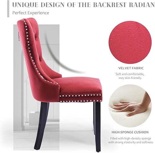 Miniatura 3 de SoarFlash Juego de 2 Sillas de Comedor de Terciopelo, Sillas de Comedor Tapizadas Acolchadas con Ribete de Tachuelas y Patas de Madera Maciza para