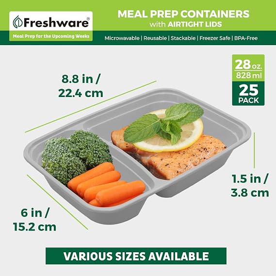 Freshware Meal Prep Containers [25 Pack] 2 Compartment with Lids, Food Storage Containers, Bento Box, BPA Free, Stackable, Microwave/Dishwasher/Freezer Safe (28 oz), Grey