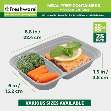 Freshware Meal Prep Containers [25 Pack] 2 Compartment with Lids, Food Storage Containers, Bento Box, BPA Free, Stackable, Microwave/Dishwasher/Freezer Safe (28 oz), Grey