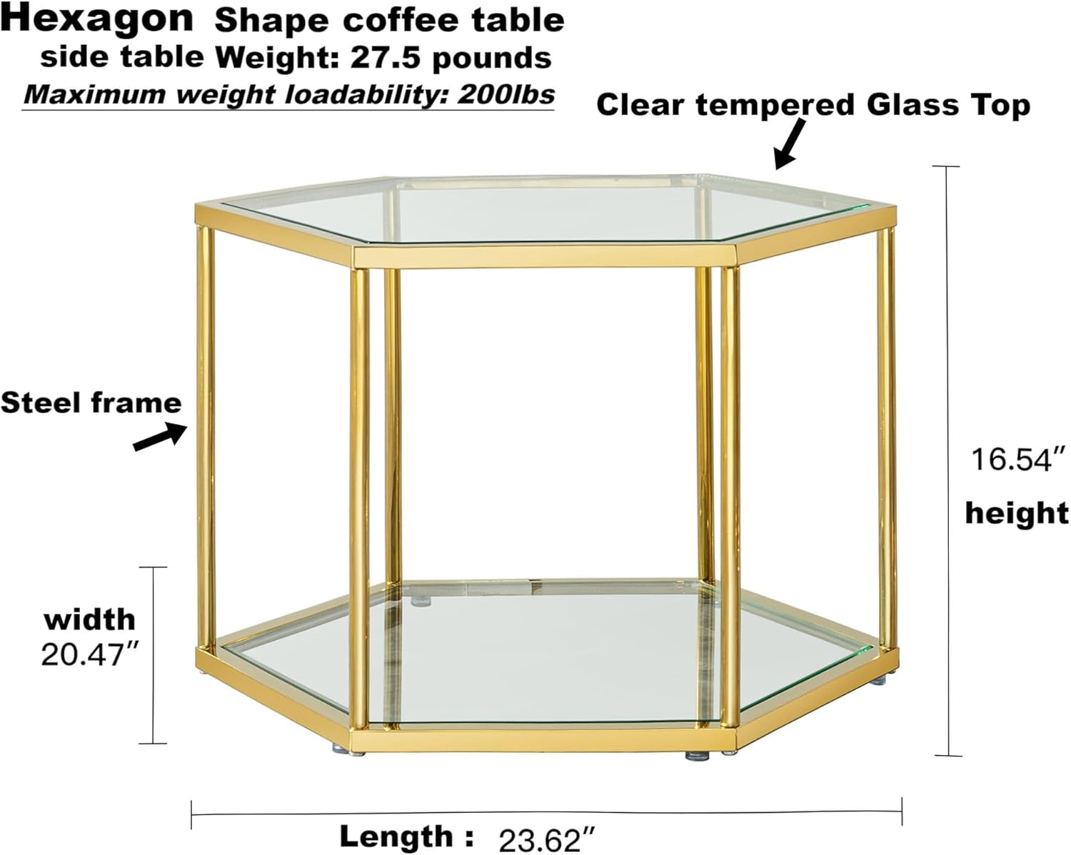 Luxury Hexagonal Side Table, Clear Tempered Glass top with Gold Steel Frame, 2-Tier Stand Display Table, Modern Design Coffee Table, Accent Table for Living Room
