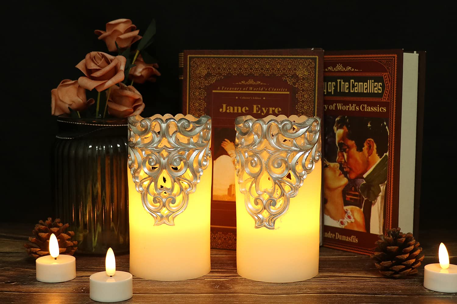 Eldnacele - Candele a stoppino, senza fiamma, con timer, funzionamento a batteria, per matrimoni, avorio, 2 pezzi