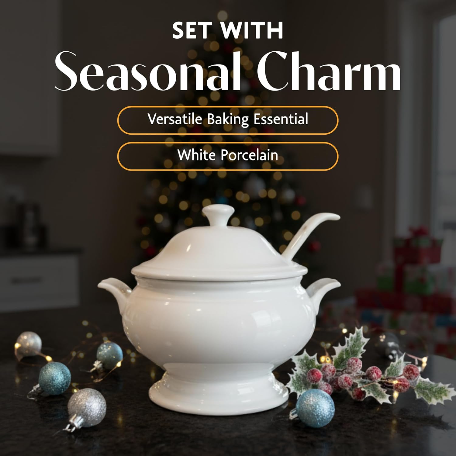 BIA Cordon Bleu Soup Tureen Set, White Porcelain 3-Piece - 3.5 Qt Bowl with Lid & 10" Ladle, Sturdy Handle, Microwaveable Elegant Dinnerware for Serving Soup, Stews, Desserts - Great for Holidays