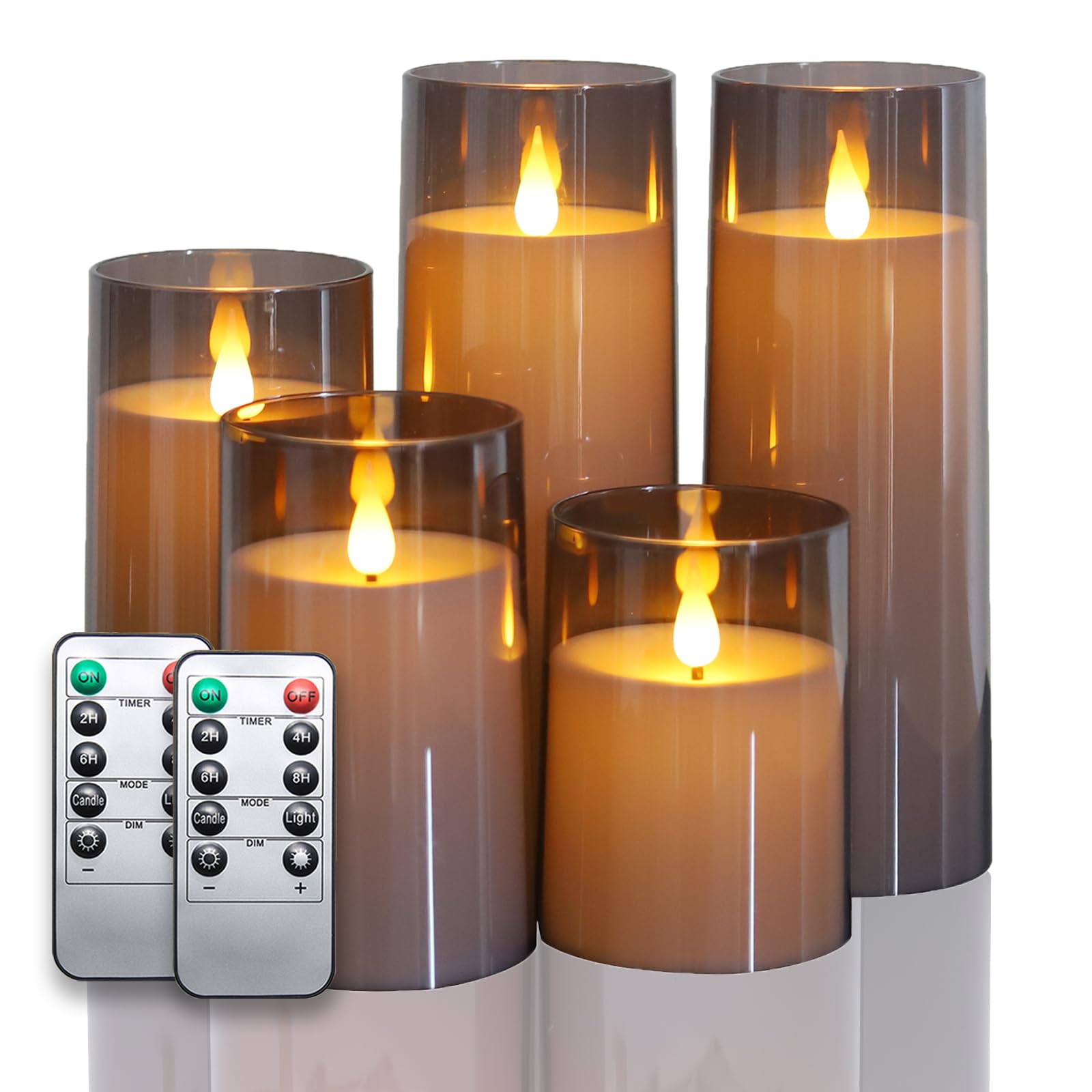 Fo32won Grey Flameless Candles with Remote and Timer, 3D Flame Battery Operated LED Candles for Christmas Home Decor, One Battery Controlled Long Lasting Flickering Pillar Candles Set of 5