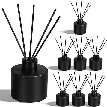 8 PCS Glass Diffuser Bottles,100ml/3.38 oz Essential Oil Jar,Empty Perfume Container with Black Aromatherapy Sticks Use for DIY Replacement Reed Diffuser, Round Matte Black