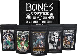 Bones Coffee Favorite Flavors Sample Pack - 5 Bold Low Acid Medium Roast Ground Arabica Coffees, 4oz Each, Keto Vegan Friendly Gifts