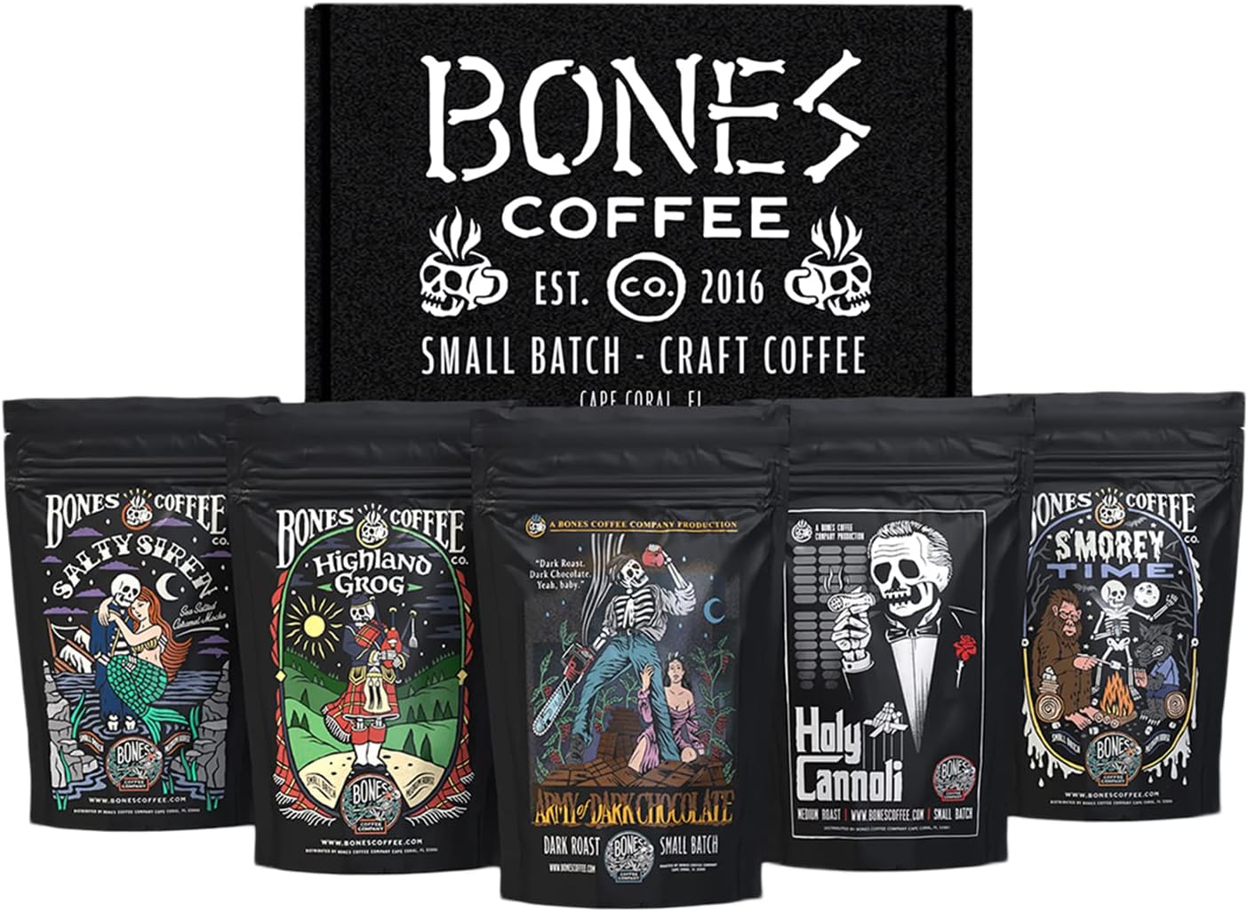 Bones Coffee Company NEW Favorite Flavors Sample Pack, Assorted Flavored Coffee Low Acid Medium Roast Arabica Beans Specialty Coffee Gifts, Auto Drip and French Press Compatible, 4 oz Pack of 5 Ground
