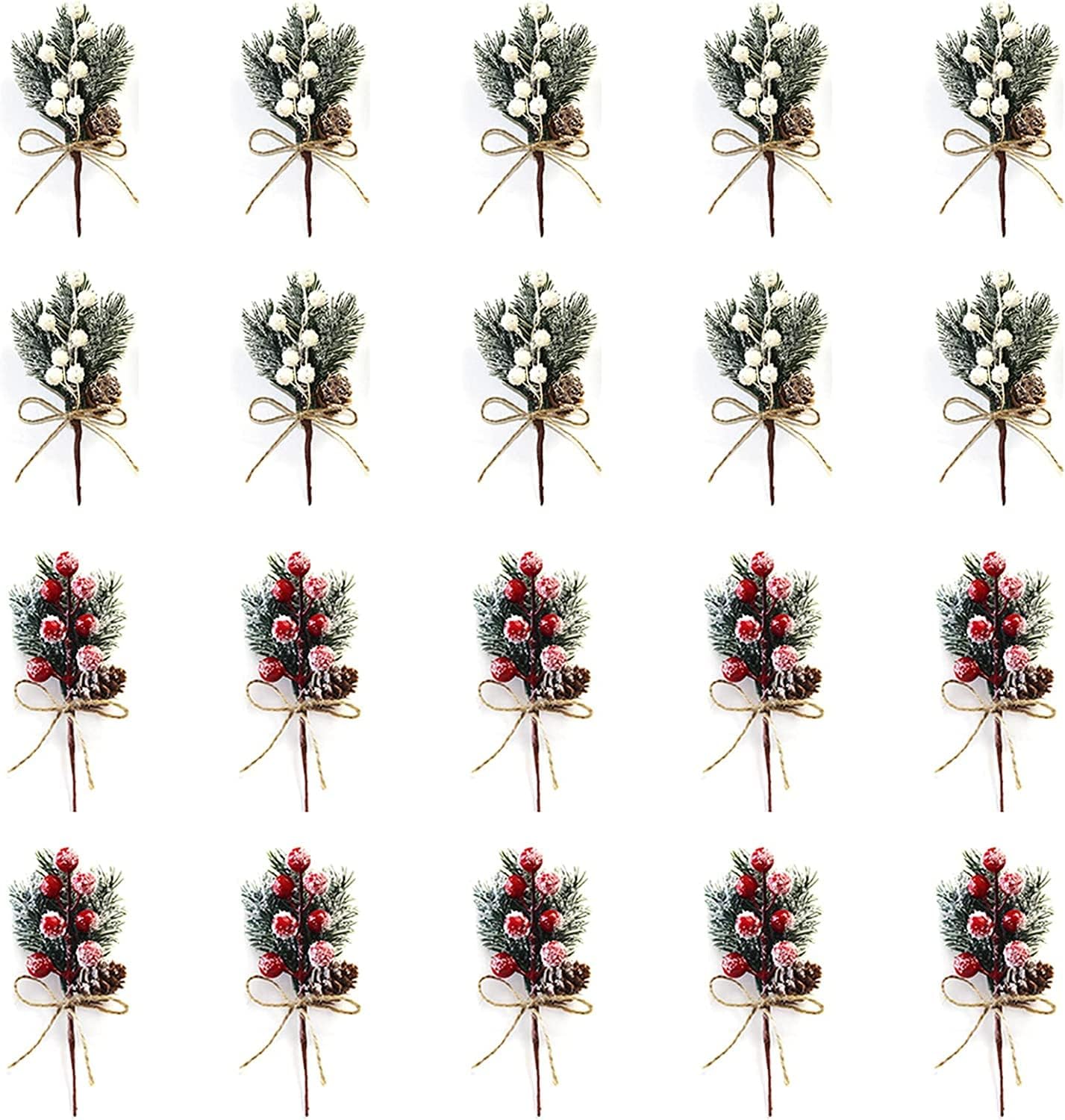 KLEWEE 20 Pcs Christmas Floral Picks, 7.8 inch Snowy Holly