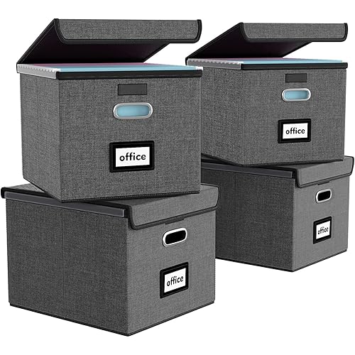 Collapsible File Storage Organizer Boxes with Lids, Linen Office Document Storage Boxes Organizer, Filing Boxes, Decorative Small File Boxes for Hanging Files with Plastic Slide for Office/Decor/Home