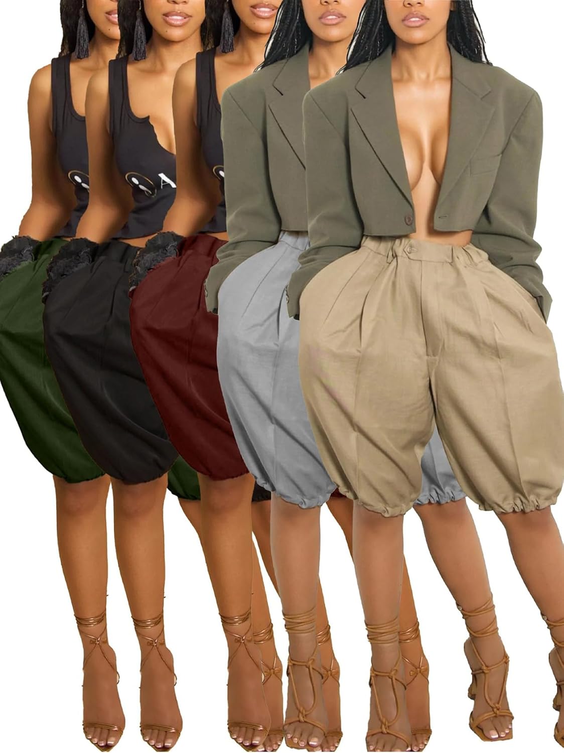 LKOUS Bermuda Shorts for Women Casual Baggy Lightweight Elastic Waist Knee Length Lantern Shorts with Pockets
