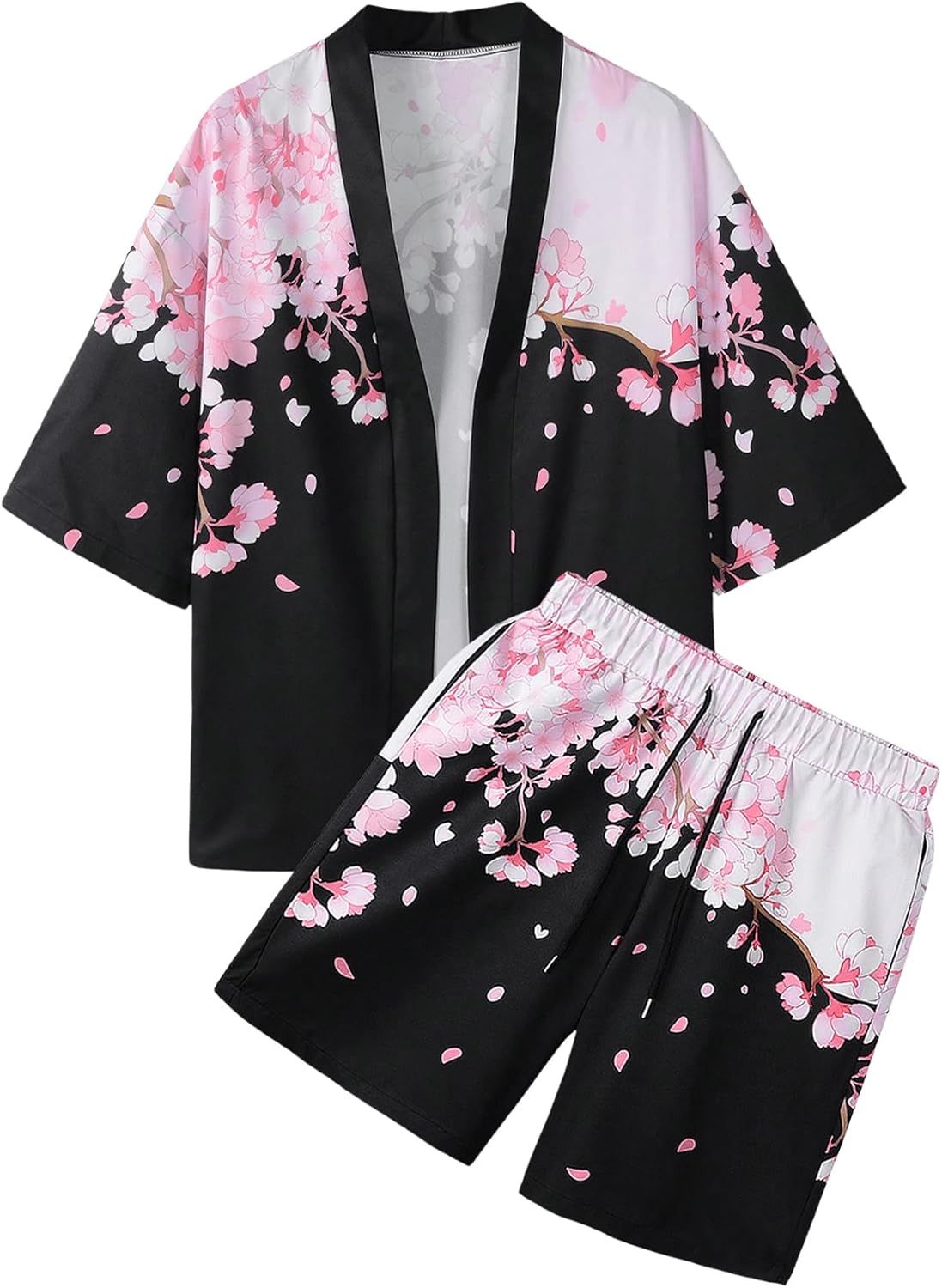 Men's 2 Piece Outfits Short Sleeve Sakura Japanese Kimono Cardigans and Drawstring Waist Shorts