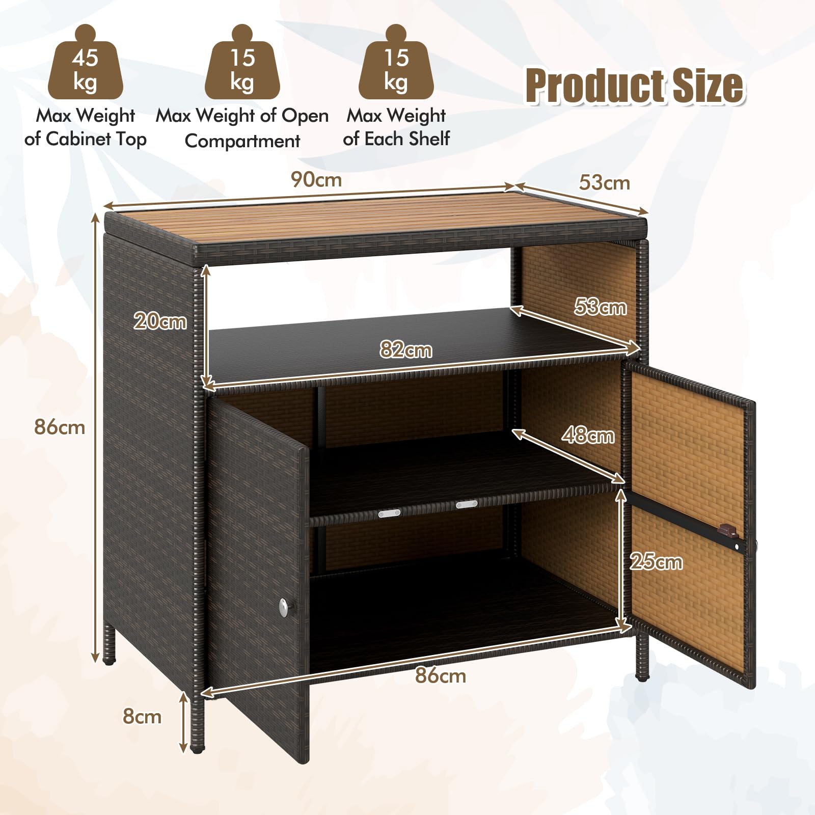 LIFEZEAL Gartenschrank Rattan, Aufbewahrungsschrank mit Akazienholzoberfläche, 90 x 53 x 86 cm, Braun