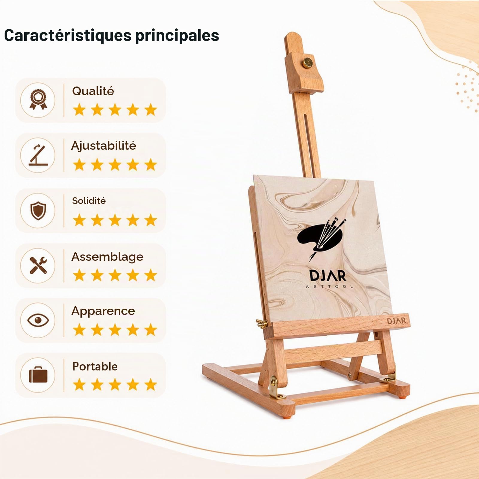 DJAR Chevalet de table de 25" pour peinture, chevalet de peinture en bois de hêtre réglable avec plateau de table, support portable pour dessin et peinture pour adolescents, adultes, étudiants