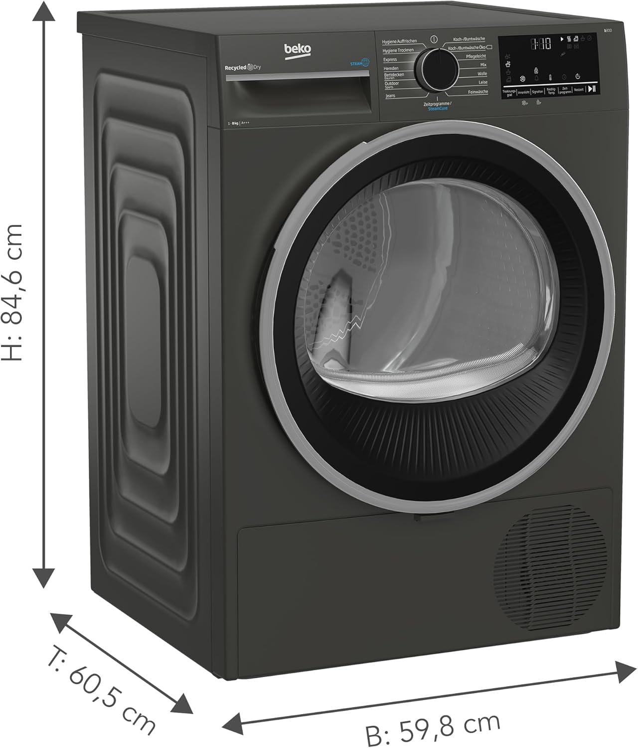 Beko B3T22491M Tumble Dryer Series B300, 8 kg, Front Load, Heat Pump Dryer, 15 Programmes, Sensor Drying, Steam Function, Silent Program, Suitable for Allergy Sufferers, Columnar, Manhattan Grey – Bild 2