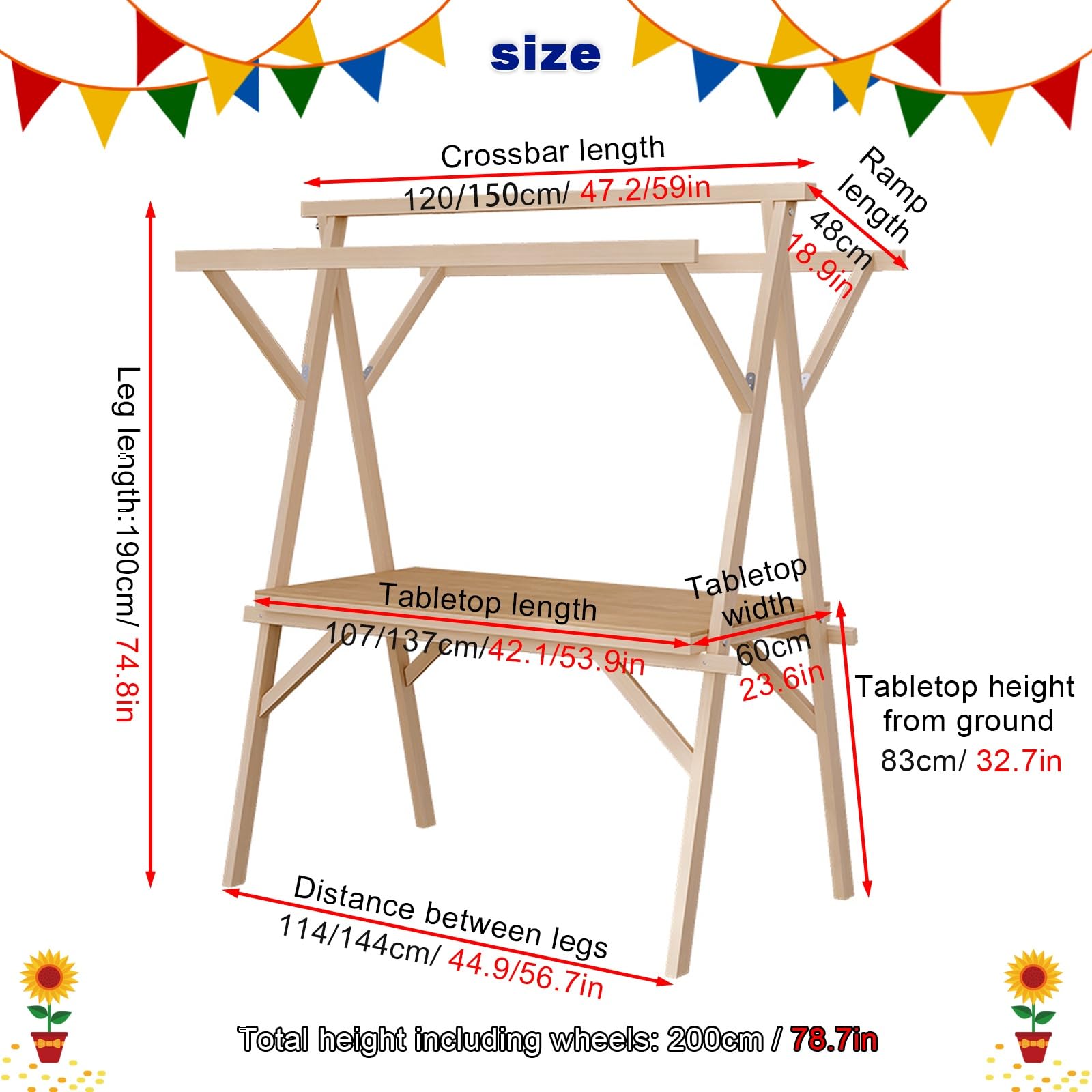 Carrello alimentare mobile a 360° in legno pieghevole per venditori di alimenti Green2 120 x 200 cm (47,2 x 78,7 pollici) Display portatile per venditori ambulanti