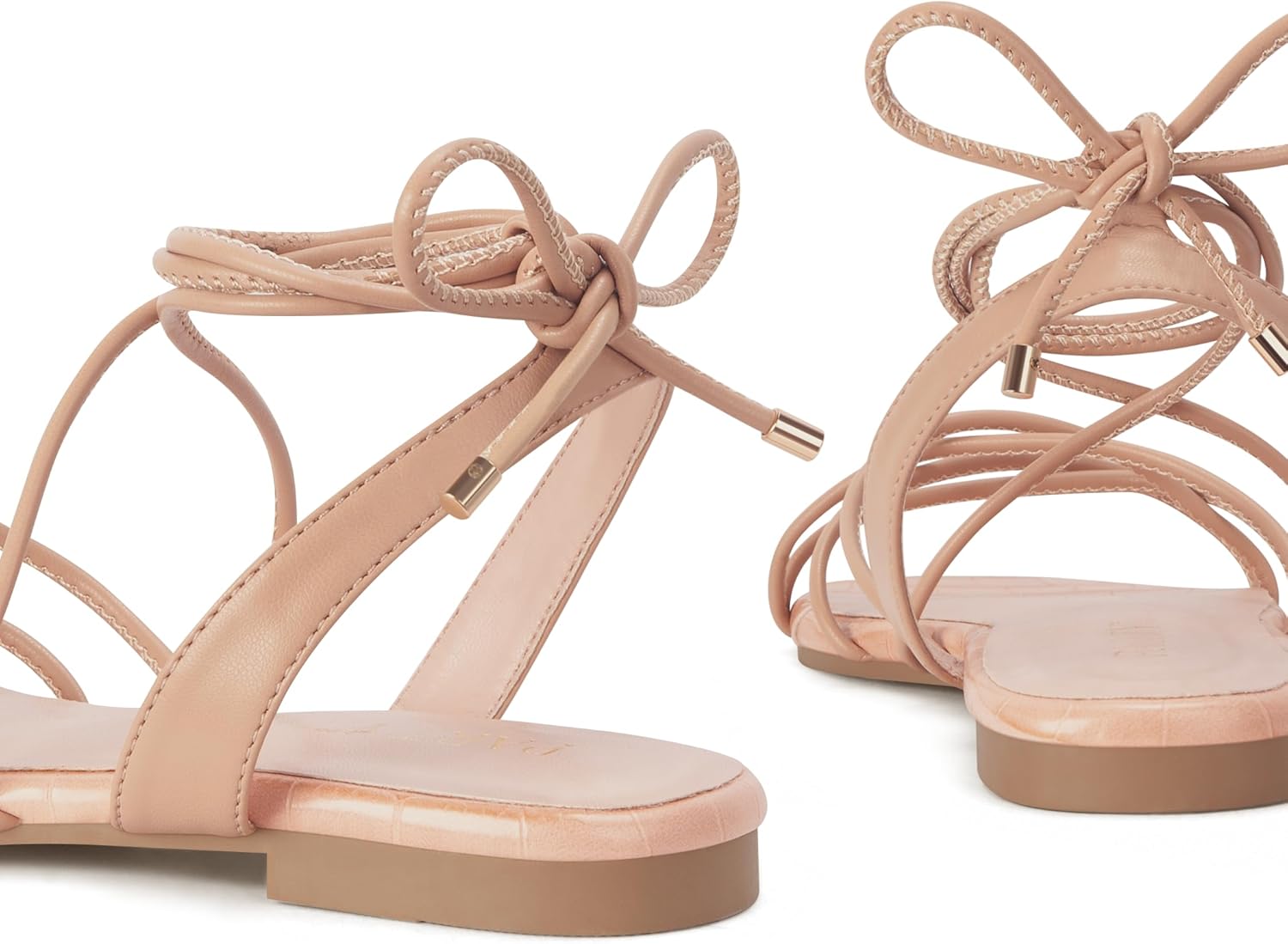 PARTY Women's Strappy Sandals Gladiator Lace Up Flats Summer Wrap Open Toe Tie Up Shoes, Nude, 8B - Image 6