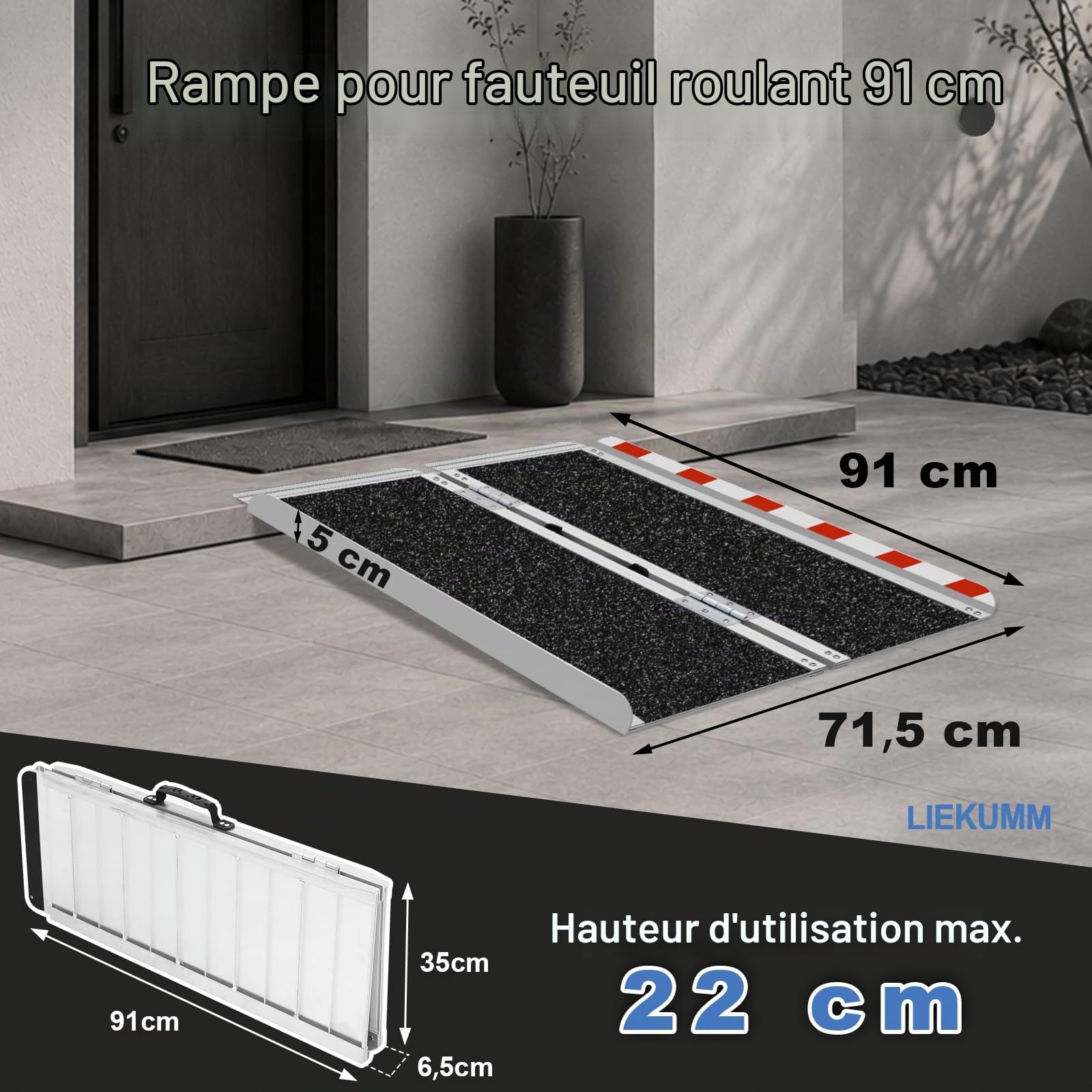 LIEKUMM Rampe de Fauteuil Roulant, 91 x 72 cm Rampe Acces Handicapé, Rampe avec surface antidérapante en aluminium, Rampe Handicapé, pour Marches