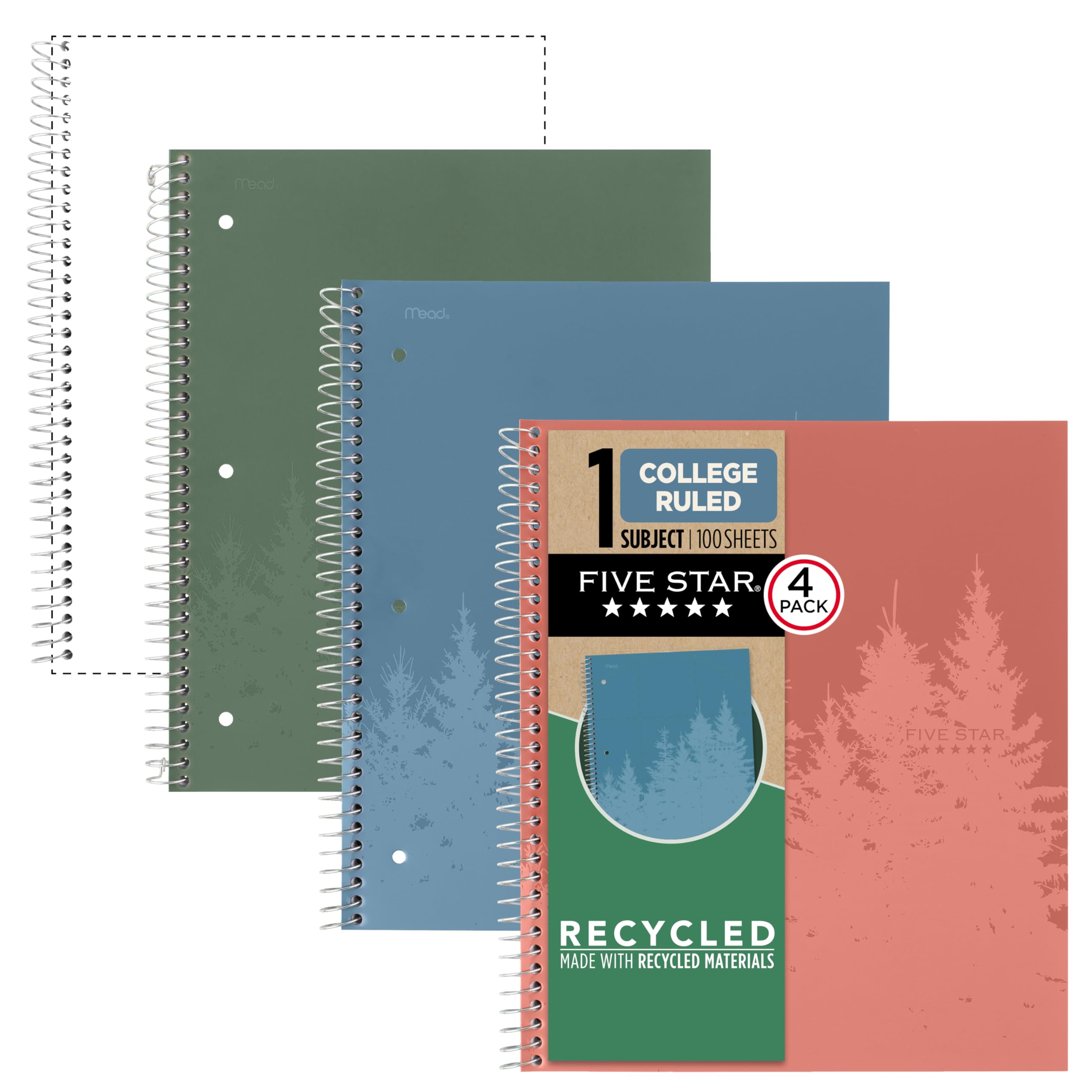 Spiral Notebooks + Study App, Recycled Cover, 4 Pack, 1 Subject, College Ruled Paper, 8-1/2” x 11", 100 Sheets per Notebook, Zion Clay, Olympic Green, Glacier Blue, Smoky Gray(820046)