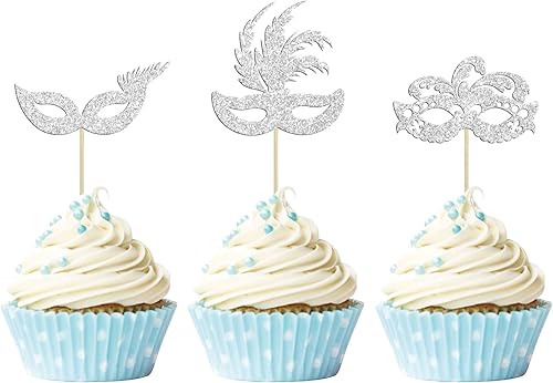 Gyufise 24 máscaras de mascarada para cupcakes con purpurina plateada, máscara de despedida de soltera para cupcakes, decoraciones para bailes de