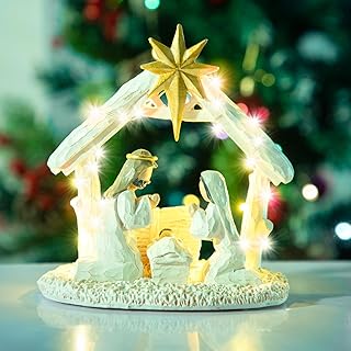 Nativity Scene with Lights, Sculpted Hand Painted Nativity Figure - First Christmas Story Decoration Holiday Manger Little People Nativity Set for Indoor Home Display, Tabletop