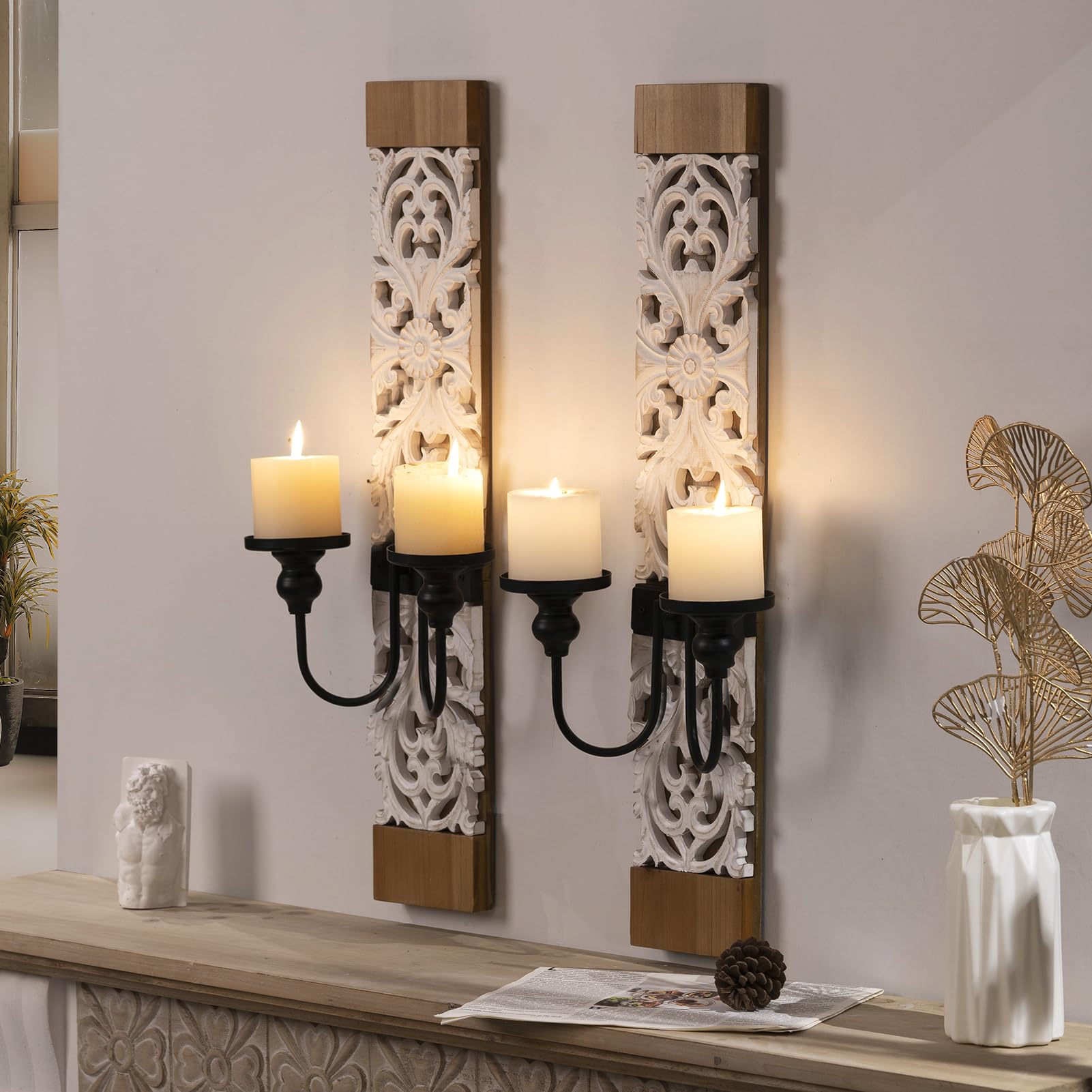 GOEDCH Wandkerzenhalter Vintage - 2-tlg Set Schwarz Metall Kerzenständer Mit Nägeln