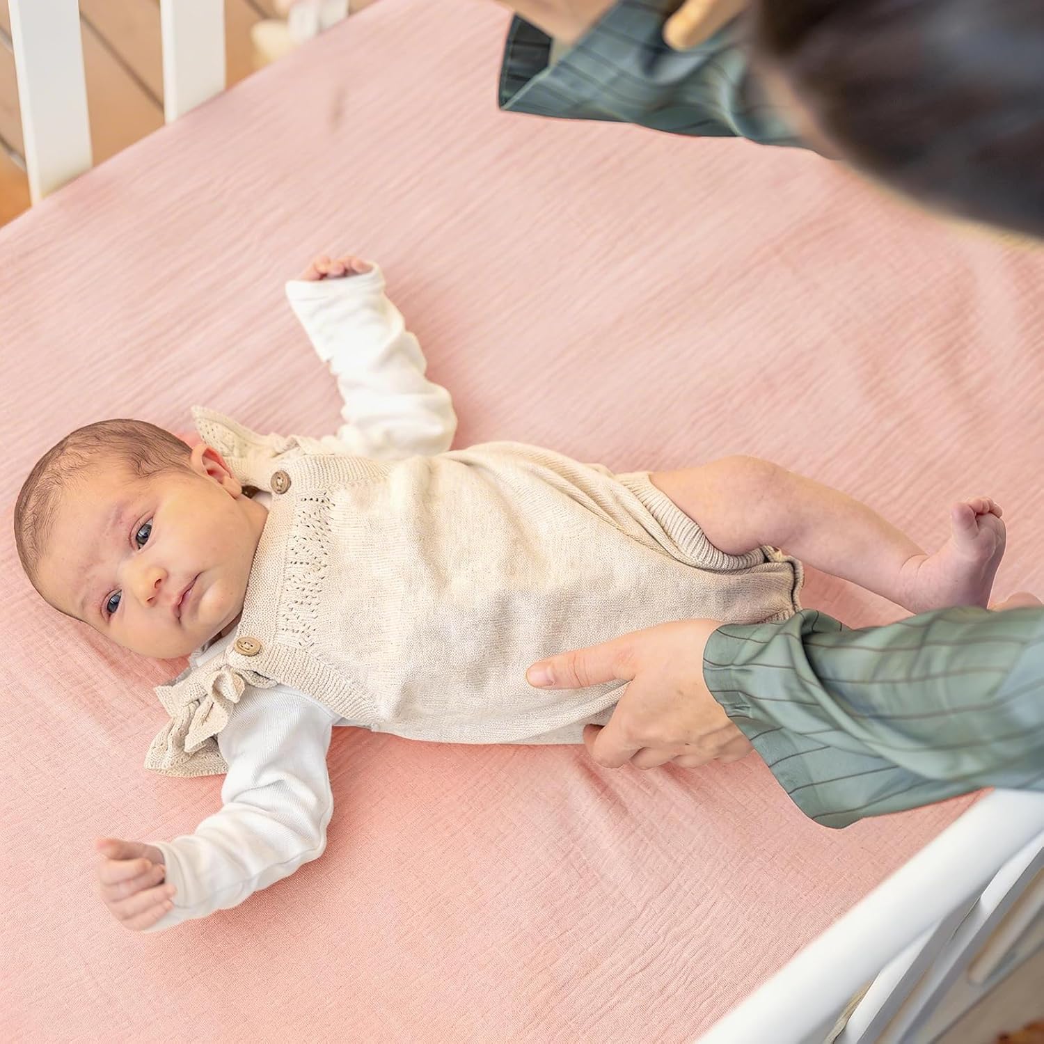 Muslin Crib Sheets 2 Pack for Girl & Boy, HNHUAMING Soft and Breathable Baby Crib Sheet, Neutral Baby Sheets Fitted Standard Crib & Toddler Bed Mattress 52" X 28" (Pink + Beige)