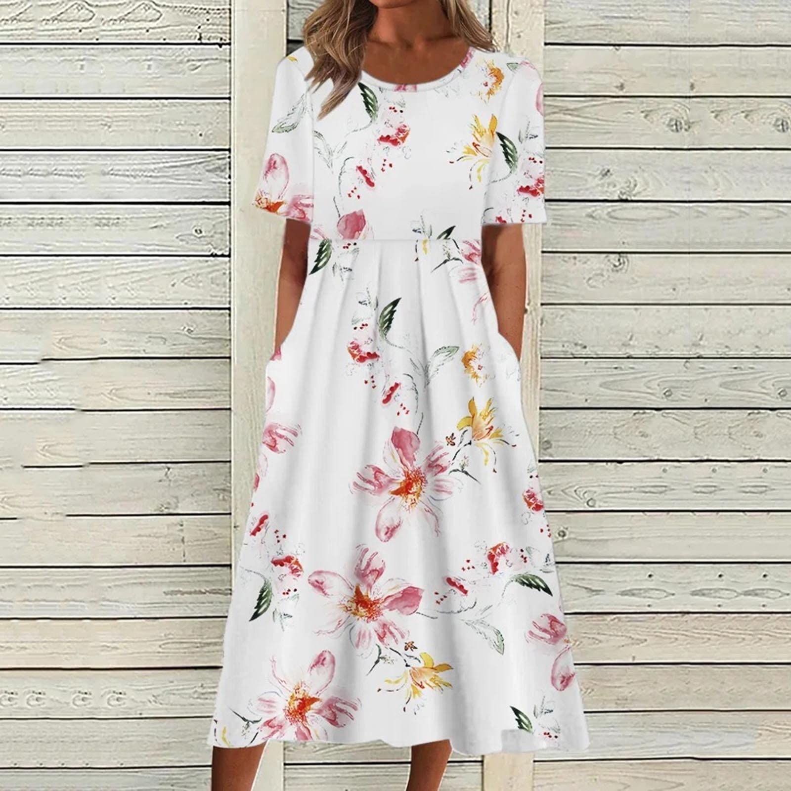 DeaAmyGline Sommerkleid Damen Lang Strandkleid Sommer Boho Kleid Elegant Rundhals Maxikleid Kurzarm Blumen Drucken Tunika Swing Lange Kleider Blusenkleid Partykleid Freizeitkleid