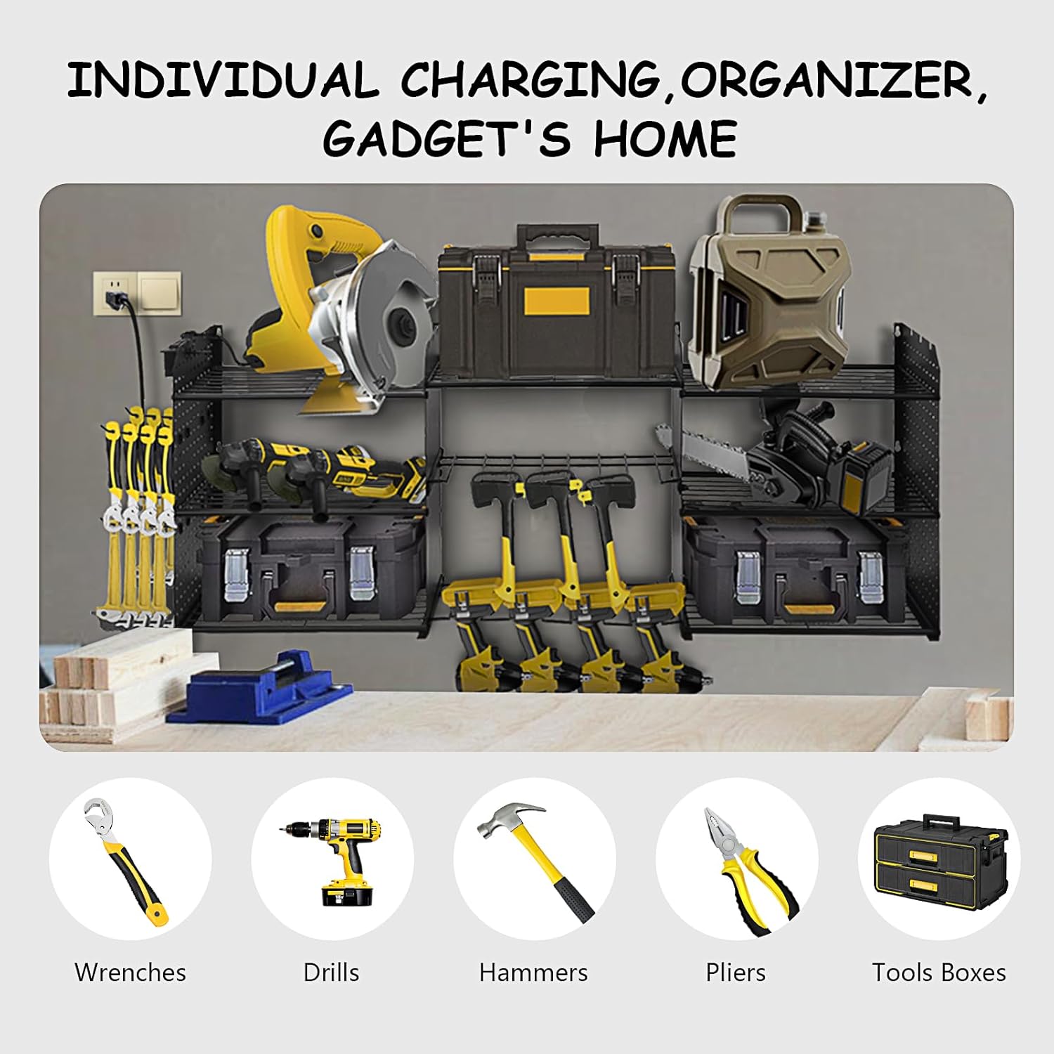 45.5'' W Large Power Tool Organizer with Charging Station, Load 200LB, 3-Tier Wall Tool Rack, 8 Drill Holder Wall Mount, 2 Side Pegboard, Garage Organizer, Gifts for Men