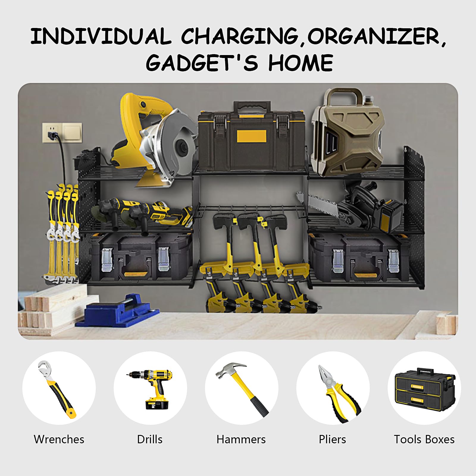 Support mural pour outils électriques – 3 couches de charges métalliques robustes de 90,7 kg, support mural pour 8 perceuses avec multiprise de 0,8 m, organiseurs d'outils de garage et support de