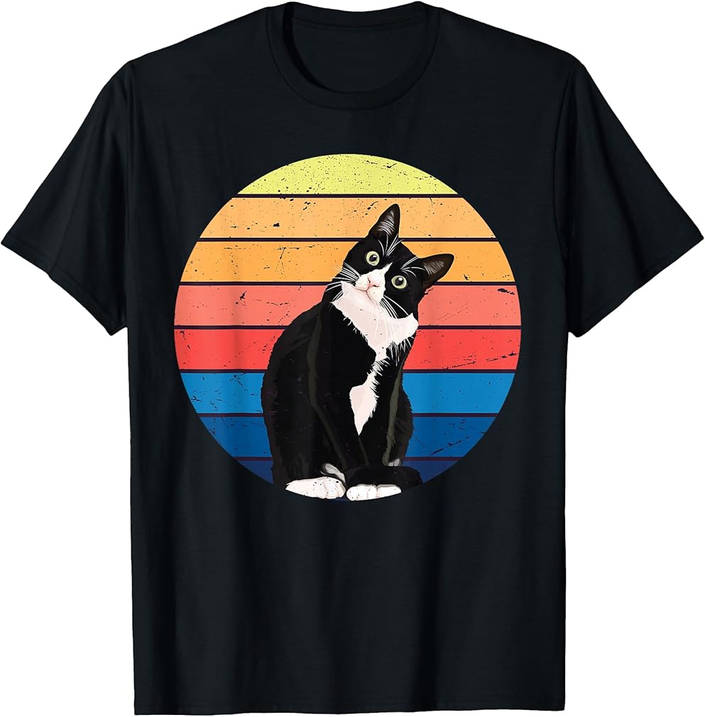 Tuxedo Cat Gift Retro Colors for Animal Lovers T-Shirt