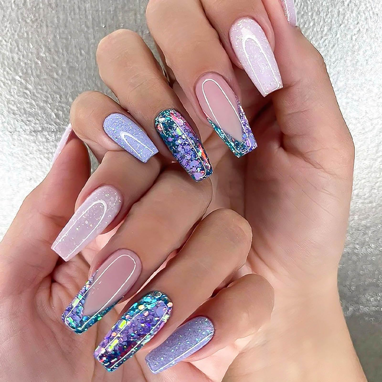 RUOKEXIN Long Coffin Press on Nails Glitter Full Cover Glue on Nails Sparkly Fake Nails Long Coffin Nail Press ons Acrylic Artificial Nails Cute Stick