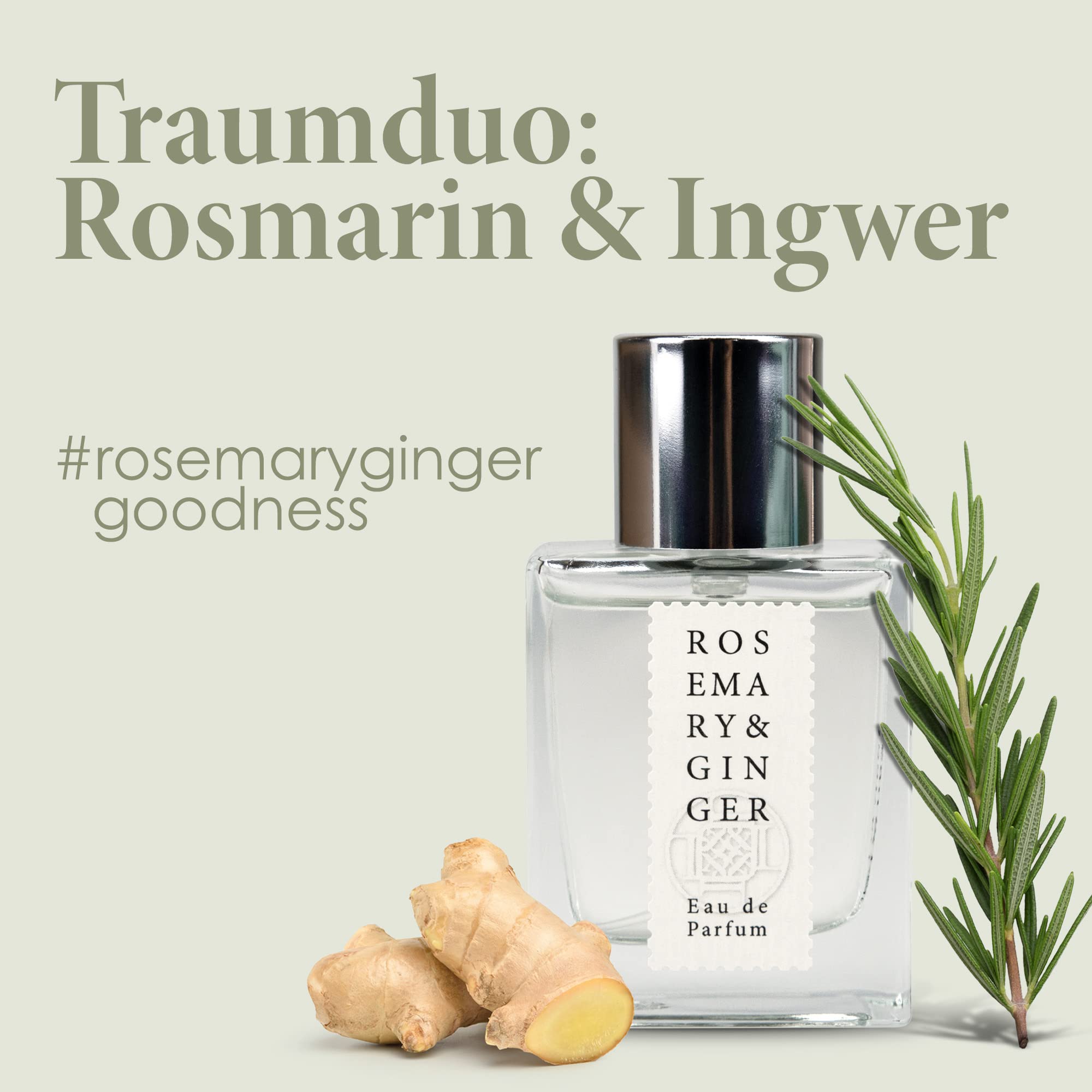 Jean & Len Rosemary & Ginger Eau de Parfum, 30 ml | Świeży zapach rozmarynu i imbiru, wyprodukowany w manufakturze, minimalistyczna szklana butelka