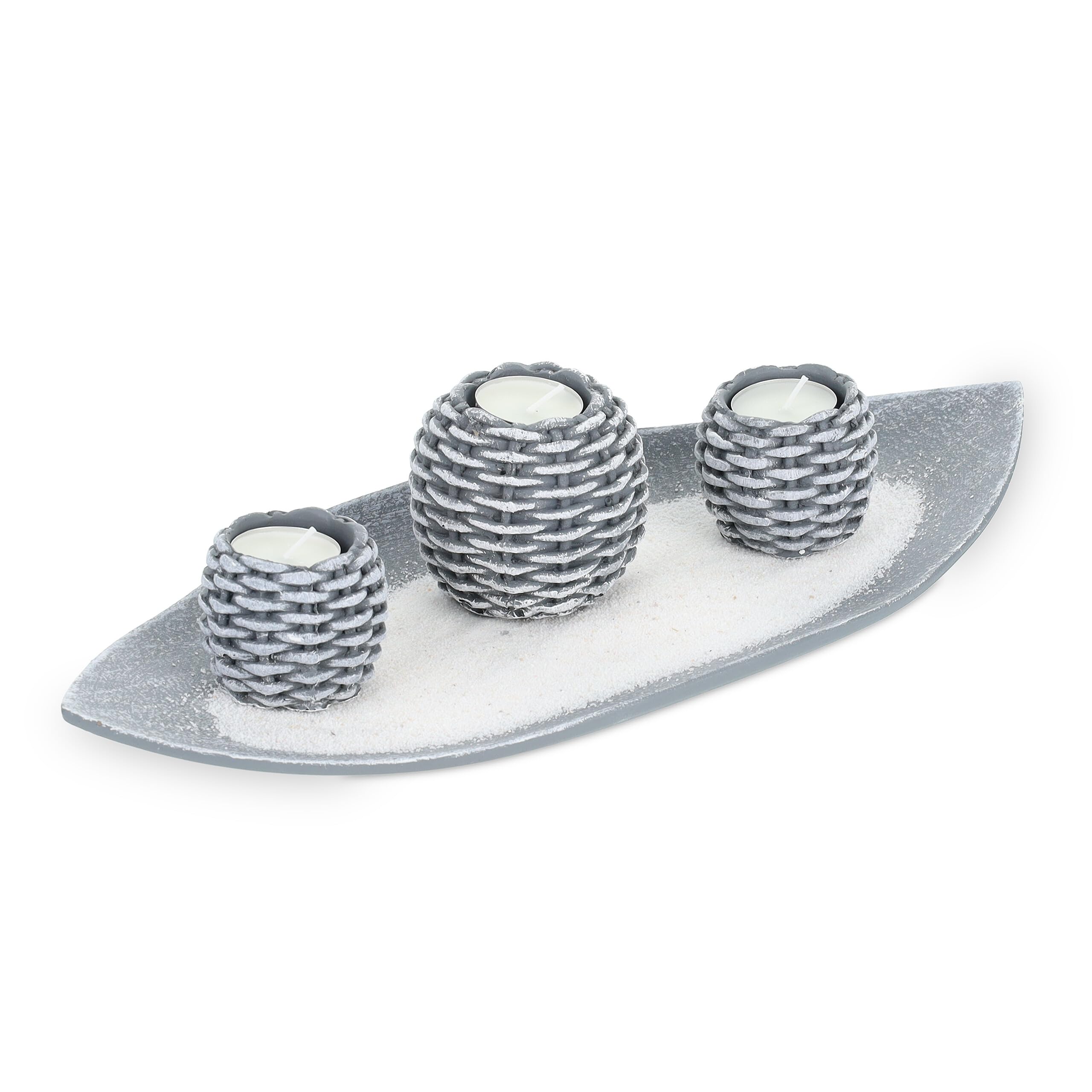 Relaxdays Portacandele Decorativo con Vassoio, 3 Porta-Tea Light e Sabbia, per Il Tavolino e Il Salotto, Grigio Bianco