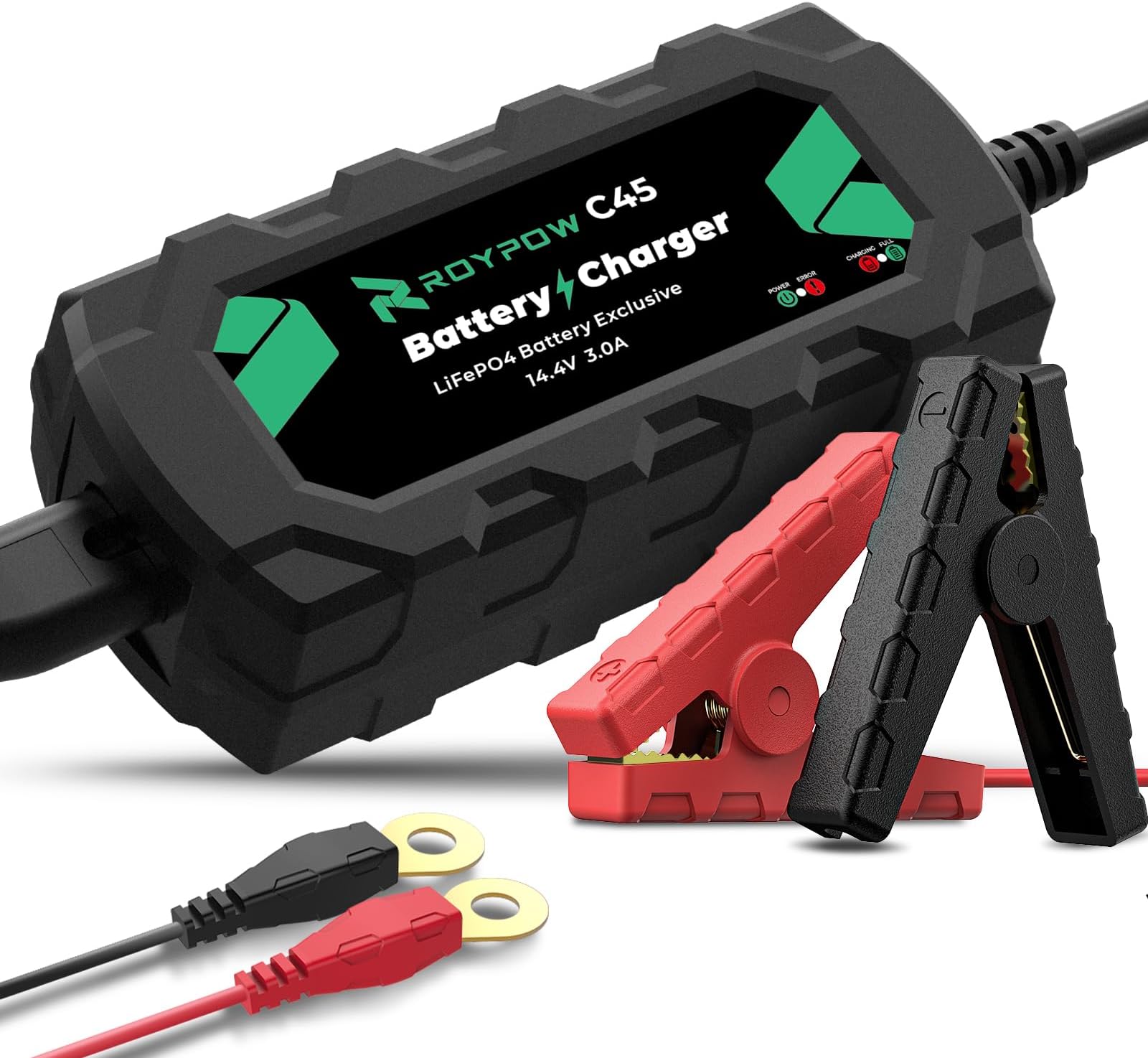 RoyPow LiFePO4 Battery Charger 14.4V 3A Automatic Trickle Battery Charger Maintainer for 12V LiFePO4 Lithium Battery with Alligator Clamp and Ring Terminal