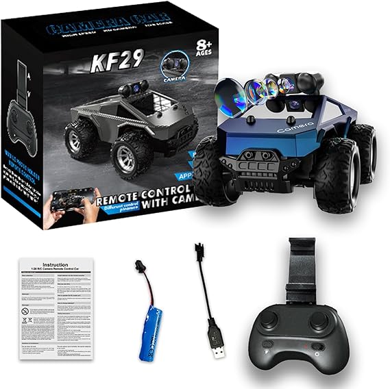 RC Car with Camera, 1/28 RC Monster Truck Toys with 720P HD FPV Camera, High Speed All-Terrain Remote Control Car, Racing Vehicle with Blinking Body Lights for Adults, Kids, Boys, Dual Control Modes