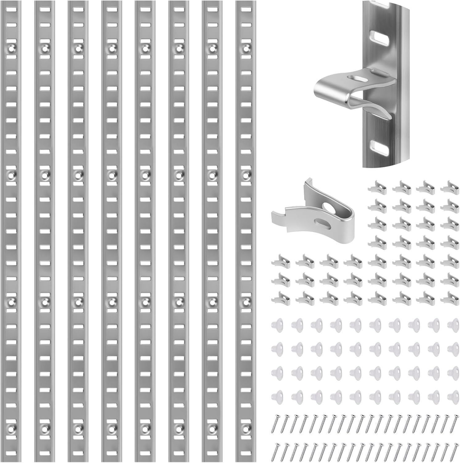 Adjustable Shelf Bracket 40 Inch 8 Pack Wall Shelf Pilaster Tracks, Stainless Steel Mortise Mount System with 32 Aluminum Alloy Shelf Clips for Closet, Cabinet & Wall Storage