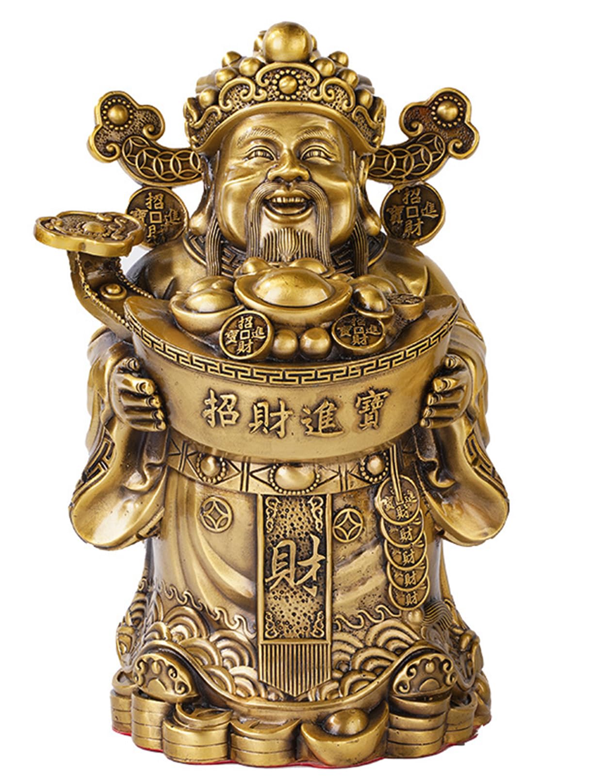Feng Shui Brass God of Wealth Statue,Golden CAI Shen Sculpture for Decor