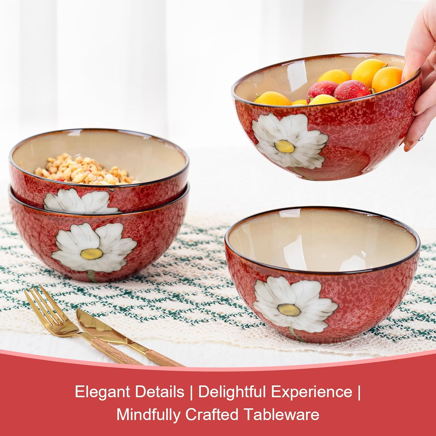 28oz Ceramic Bowls Set of 4 for Kitchen, 6 Inch Hand-painted Floral Serving Bowls, Dishwasher Microwave Oven Safe, for Salad, Pasta, Ramen, Rice & Dessert, Breakfast Lunch Dinner, Red