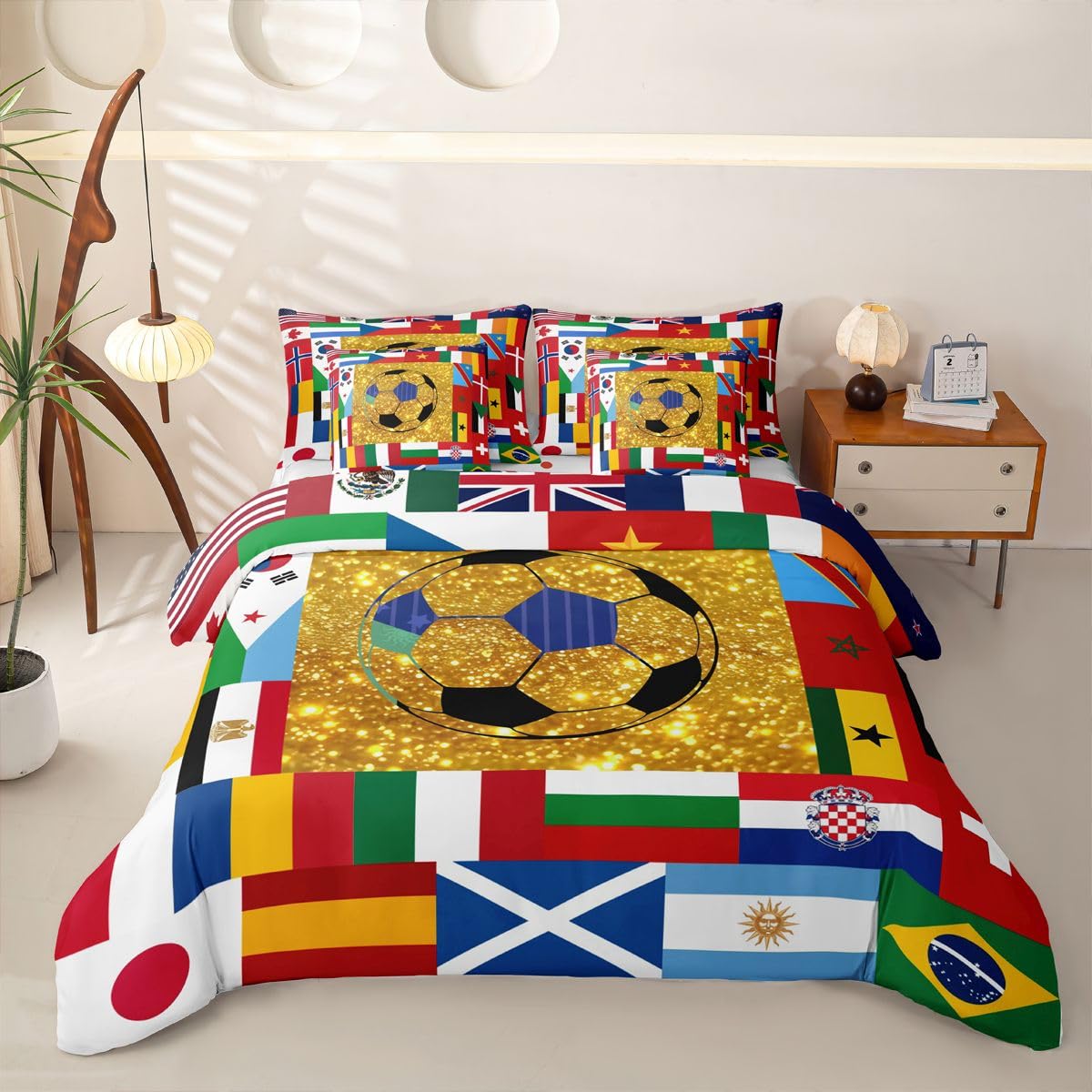 Loussiesd Set di biancheria da letto con copripiumino singolo con lenzuola, per bambini, ragazzi e ragazze, set di biancheria da letto in una borsa, 7 pezzi, motivo: calcio mondiale di calcio 2026