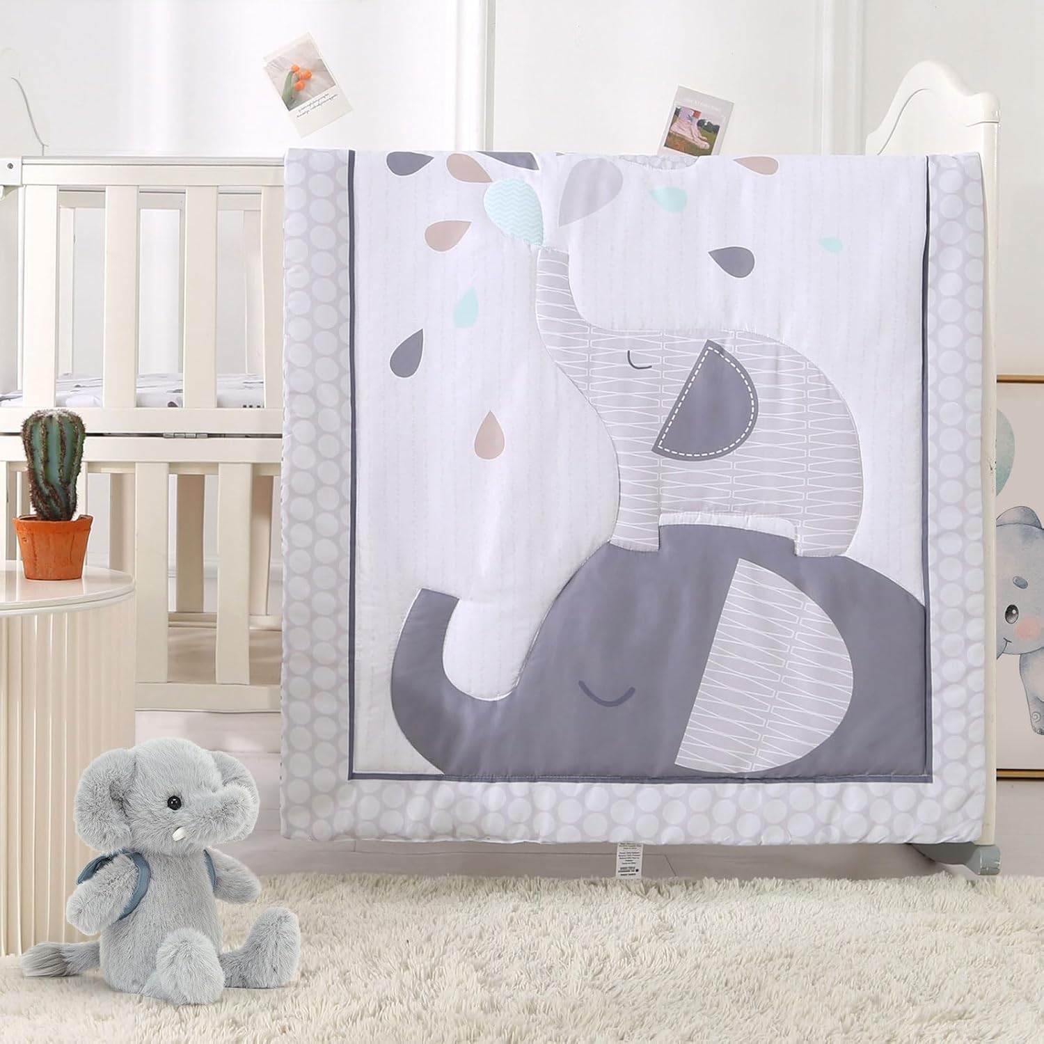 Wowelife Crib Bedding Set for Boys, Premium 3 Piece Elephant Baby Crib Bedding Set, Baby Nursery Crib Comforter Set for Boys with Crib Comforter, Skirt and Sheet, Gray